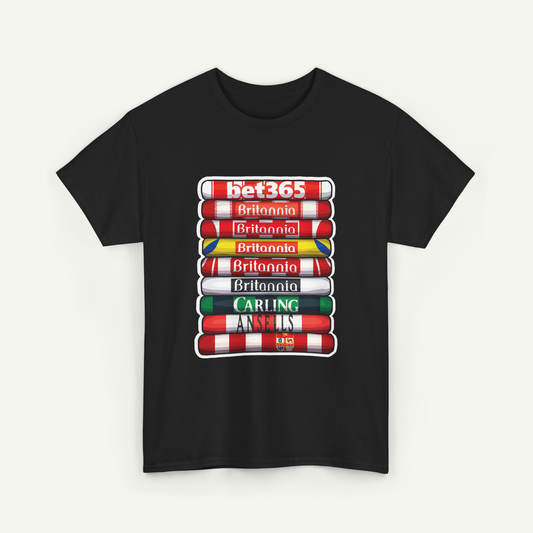 A black t-shirt with a graphic design depicting a stack of colored tubes, each representing a different country or region.