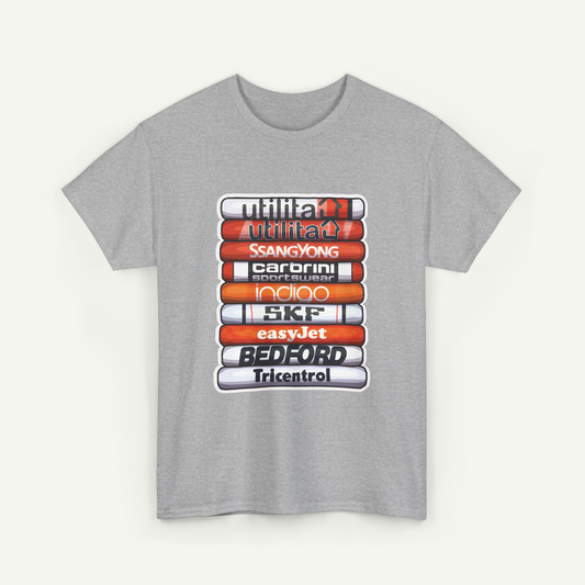 A gray t-shirt with a graphic design featuring a stack of colored tubes or cylinders, each representing a different brand or company.