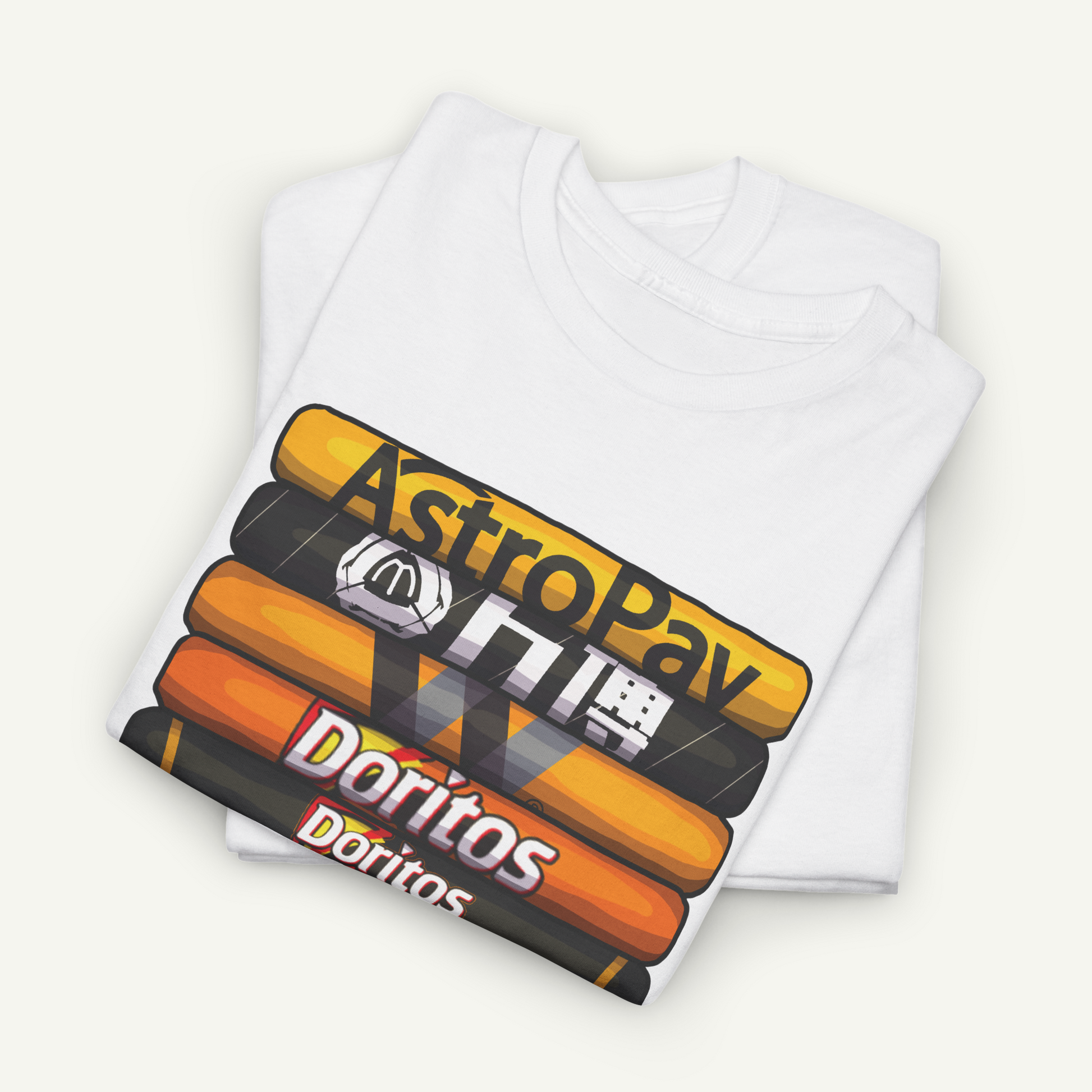 A white t-shirt with a graphic design featuring the logos of various snack brands, including Doritos, McDonald's, and AstroPay.