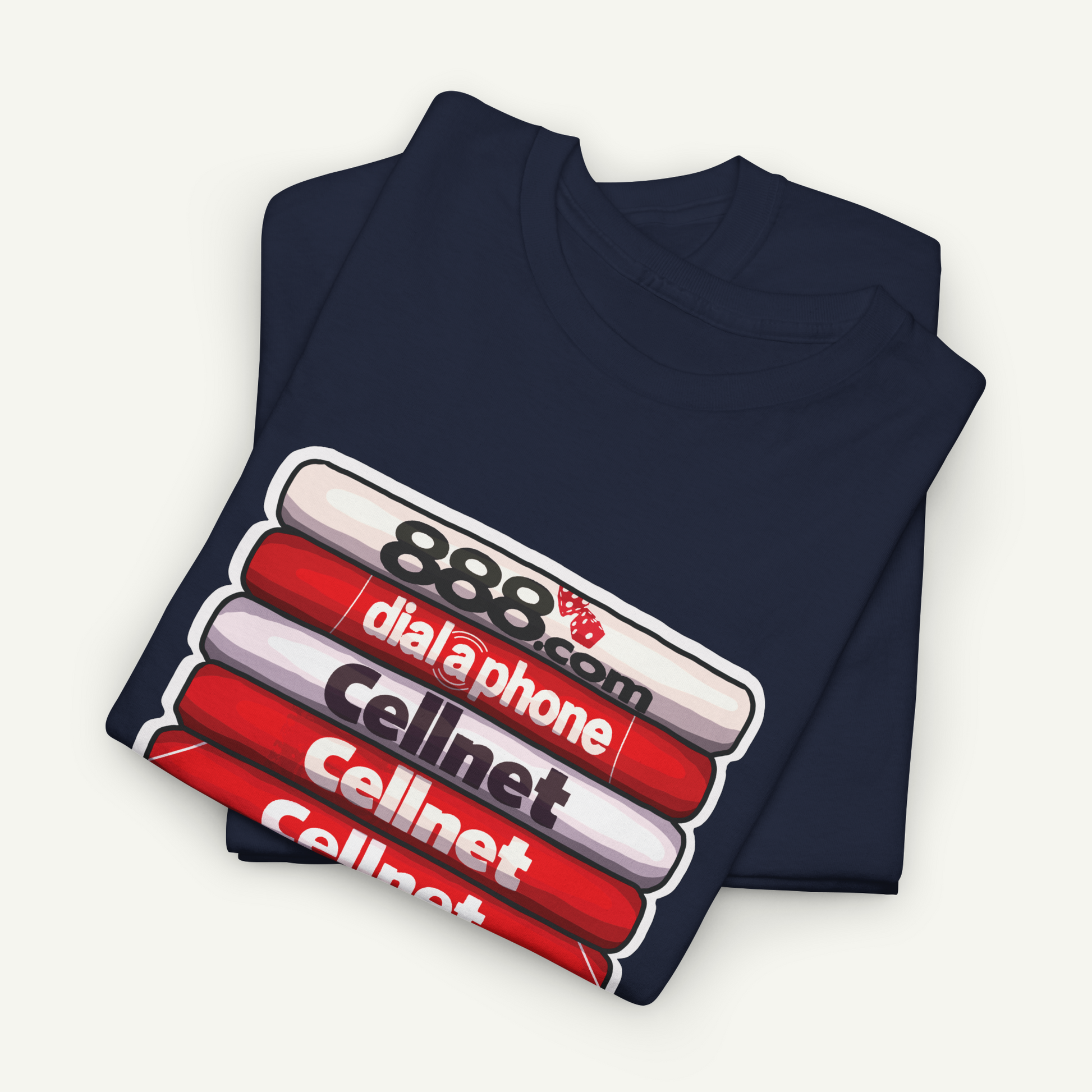 A navy blue t-shirt with a graphic design featuring a stack of red and white books with the text "888 dial-a-phone" printed on them.