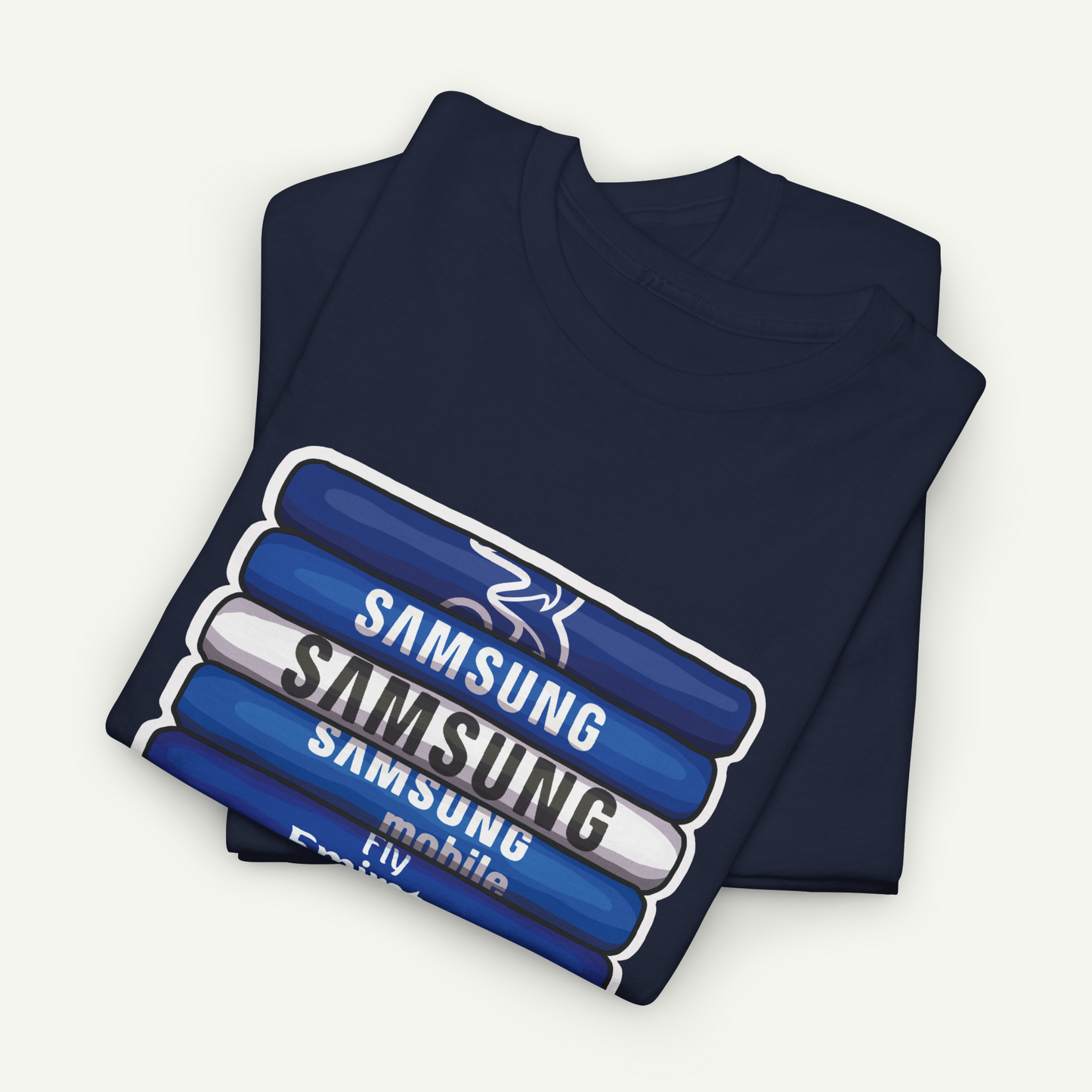 A navy blue t-shirt with a graphic design featuring the text "SAMSUNG mobile" printed on it.