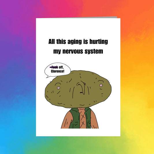 The image is a cartoon of a person with a face, wearing a green vest, and has text above and below the image.