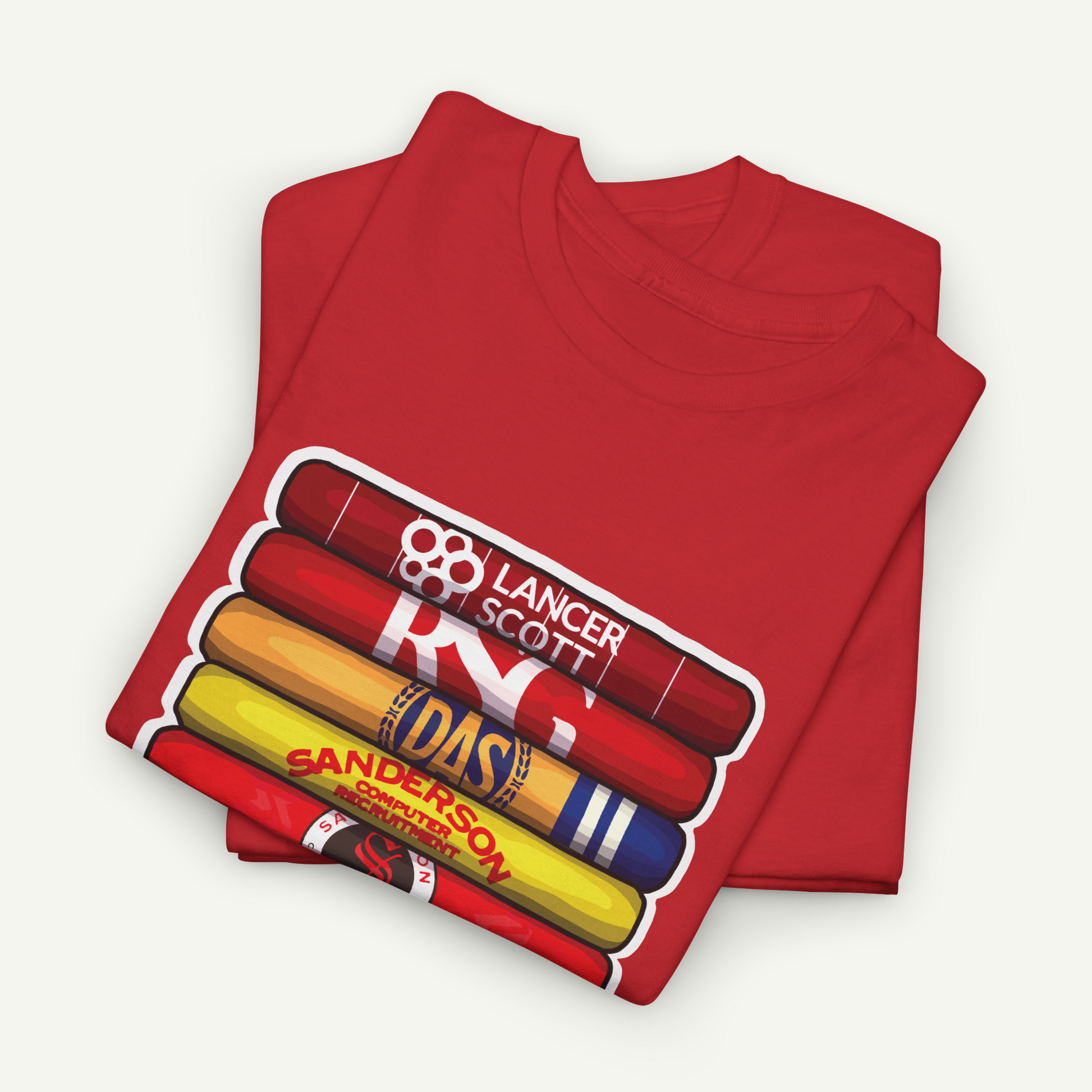 A red t-shirt with a graphic design featuring a stack of colorful cigar boxes with the text "LANCER SCOTT" printed on them.