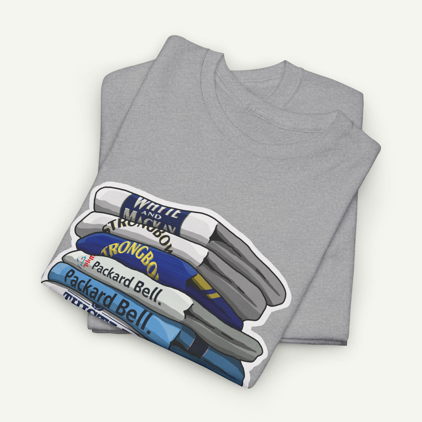 A gray t-shirt with a graphic design depicting a stack of various colored pencils, each with a different brand name printed on it.