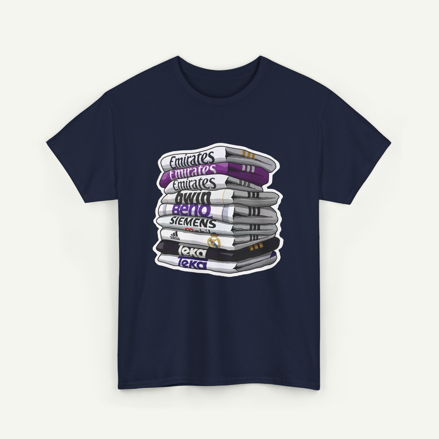 A navy blue t-shirt with a graphic design depicting a stack of books with various text labels on the spines.