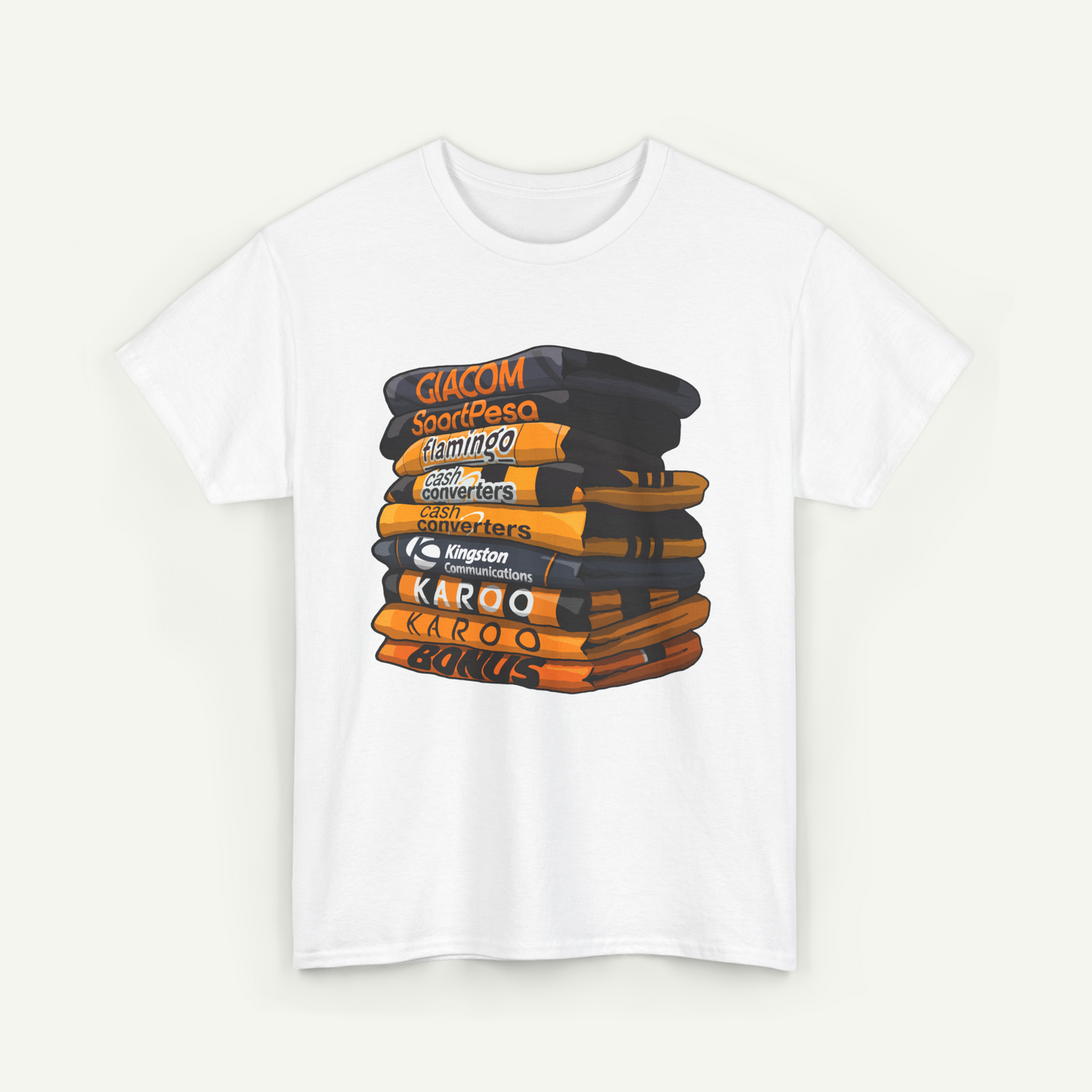 A white t-shirt with a graphic design depicting a stack of books or magazines with various text and logos printed on them.