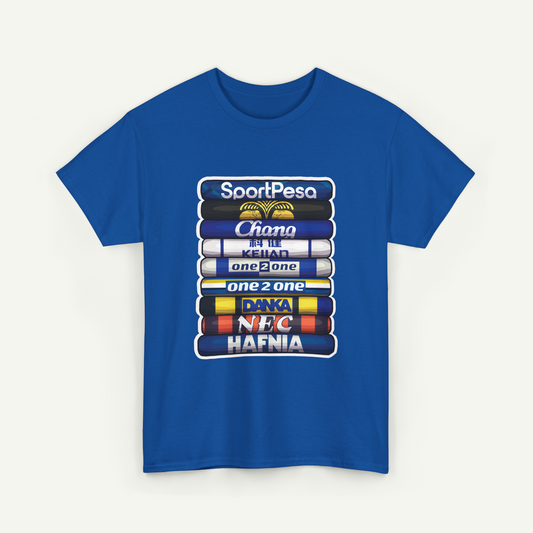 A blue t-shirt with a graphic design featuring a stack of colorful tubes or bottles with text on them, representing different sports teams or brands.