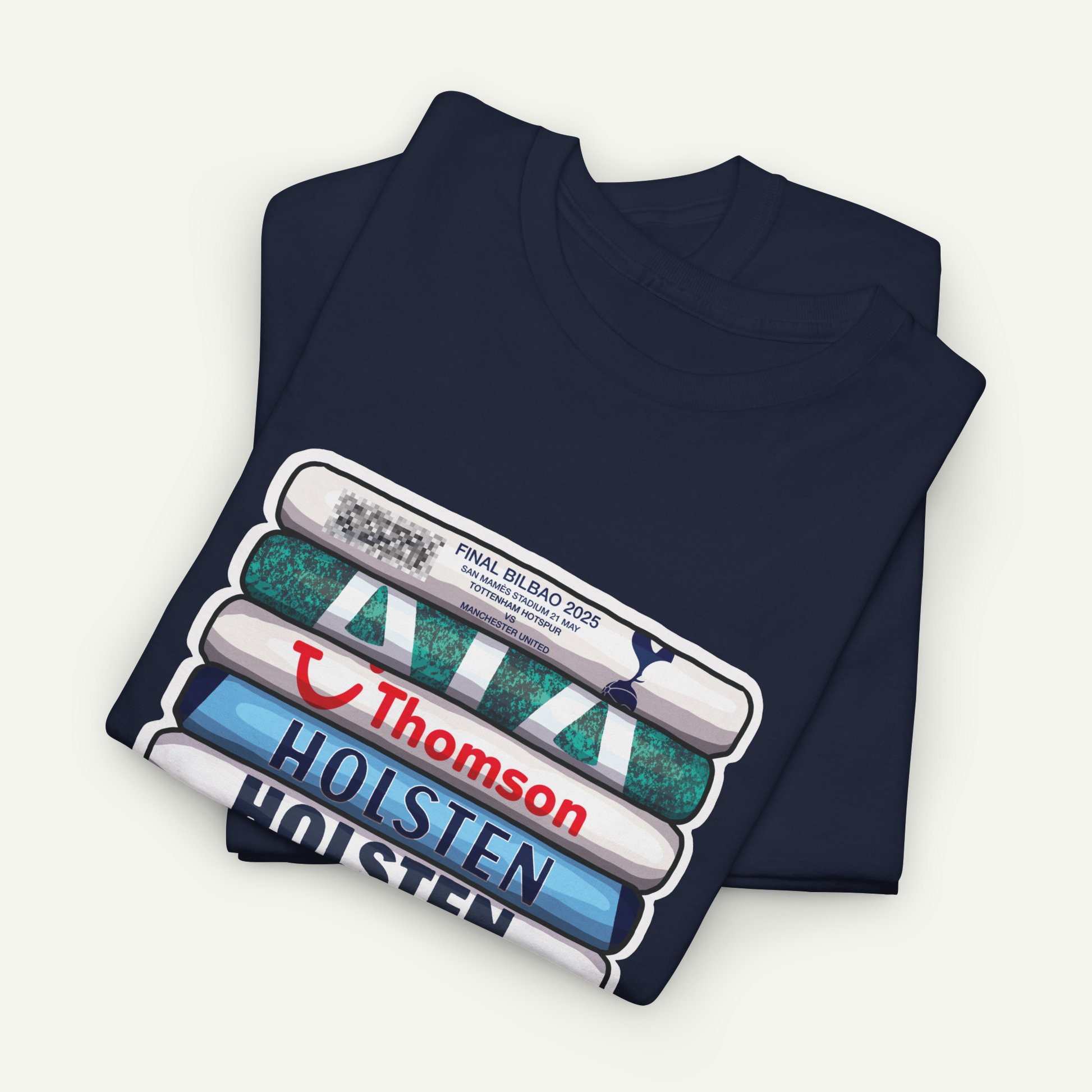 A navy blue t-shirt with a graphic design featuring a stack of books with the text "THOMSON HOLSTEN" printed on them.