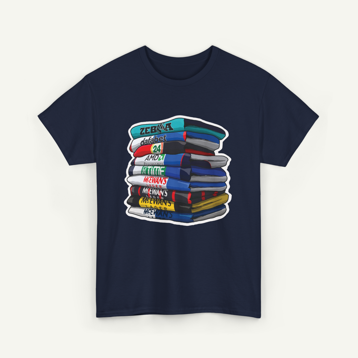 A navy blue t-shirt with a graphic design depicting a stack of colorful books or magazines.