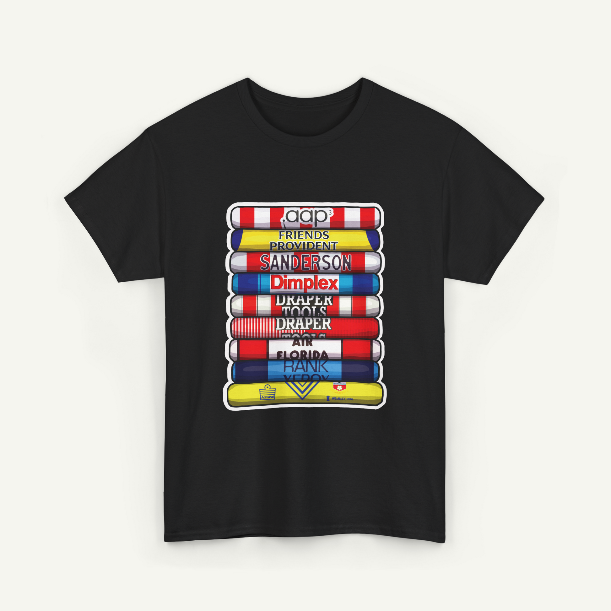 A black t-shirt with a graphic design featuring a stack of colorful tubes or bottles, each representing a different artist or brand.