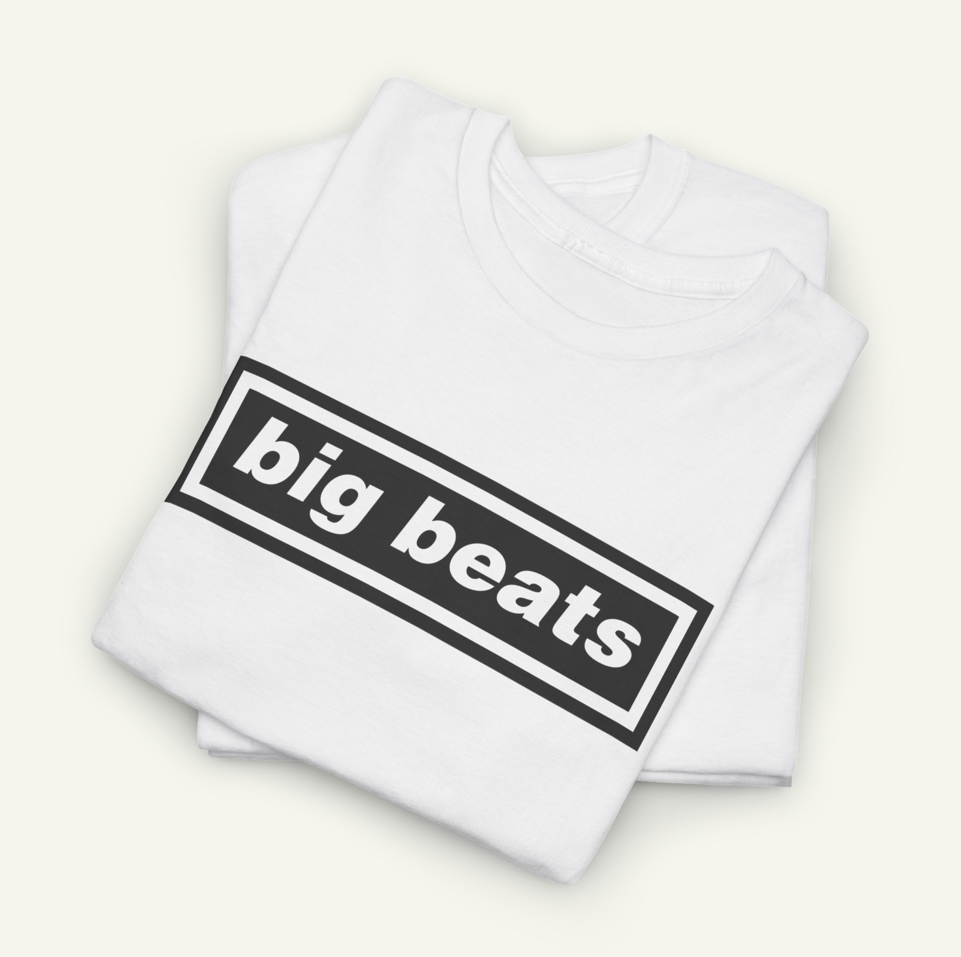 A white t-shirt with the text "big beats" printed on it in black.