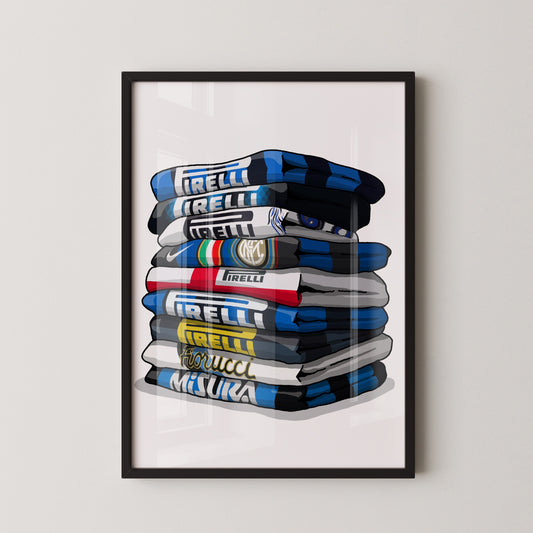 A framed illustration of a stack of various sports jerseys, each with different logos and text, including "FIRELLI", "NYC", "FIRELLI", "Nike", "FIRELLI", "Mitsura", and "In the image".