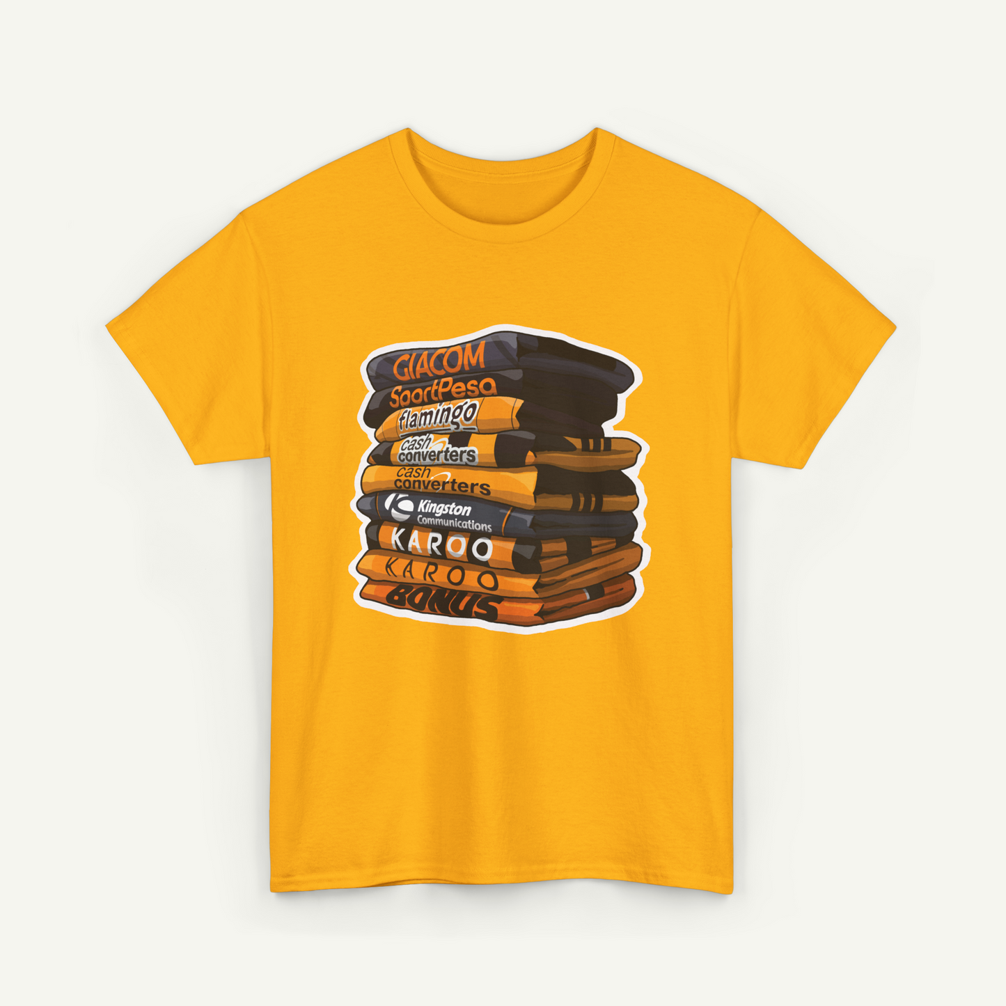 A yellow t-shirt with a graphic design depicting a stack of books or magazines with various text labels on the covers.