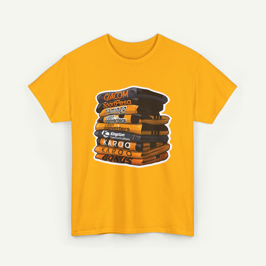 A yellow t-shirt with a graphic design depicting a stack of books or magazines with various text labels on the covers.