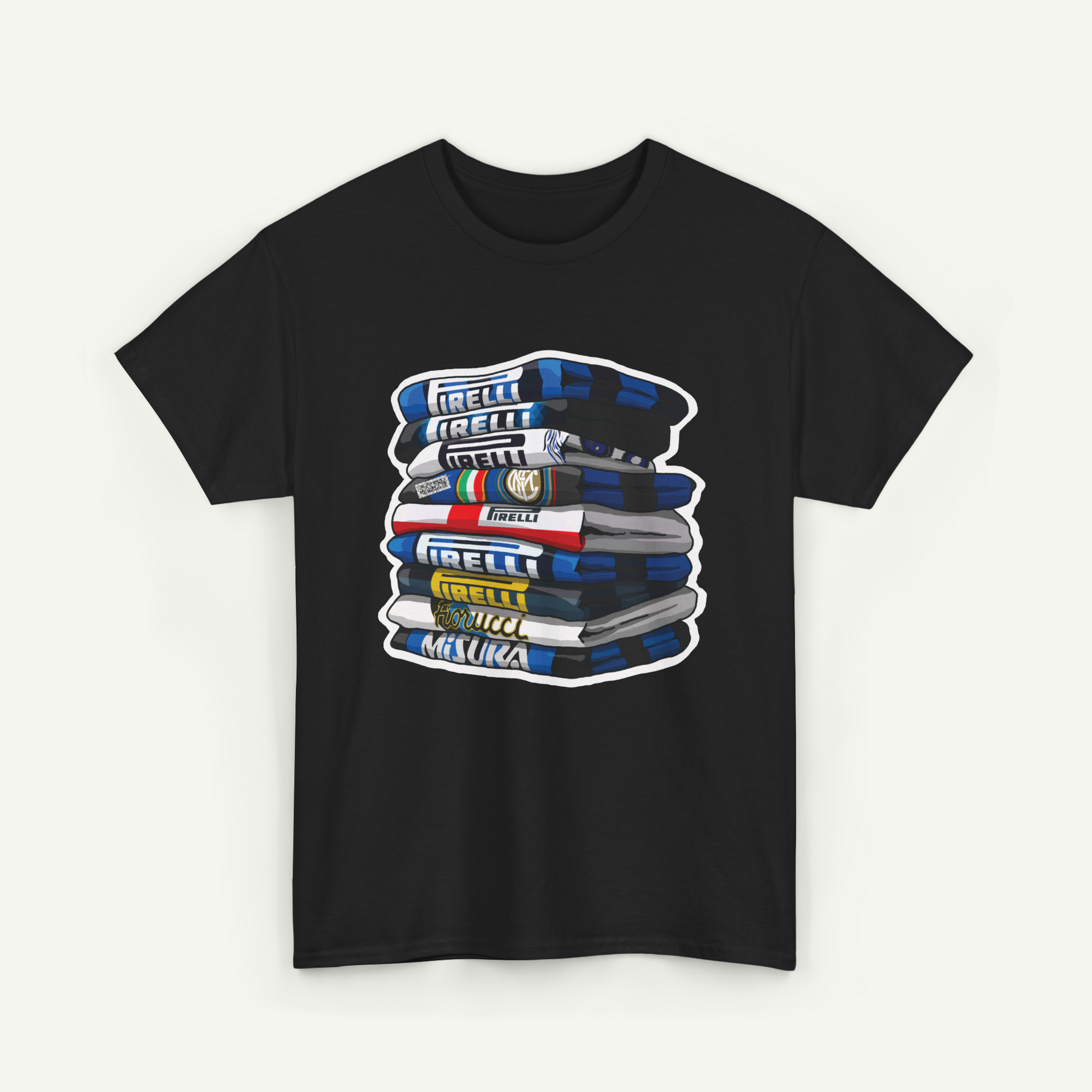 A black t-shirt with a graphic design depicting a stack of various colored and styled video tapes.