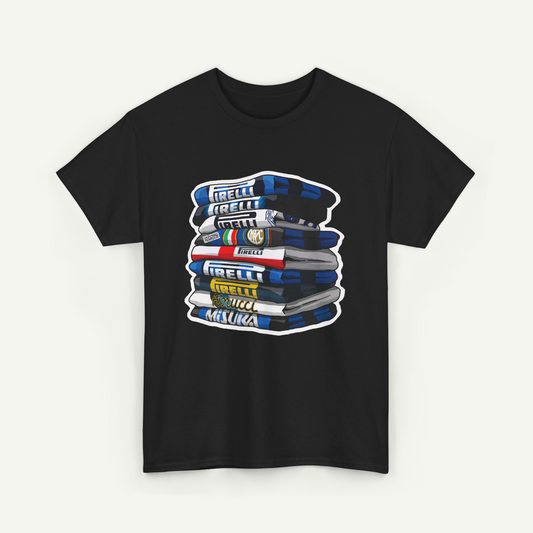 A black t-shirt with a graphic design depicting a stack of various colored and styled video tapes.