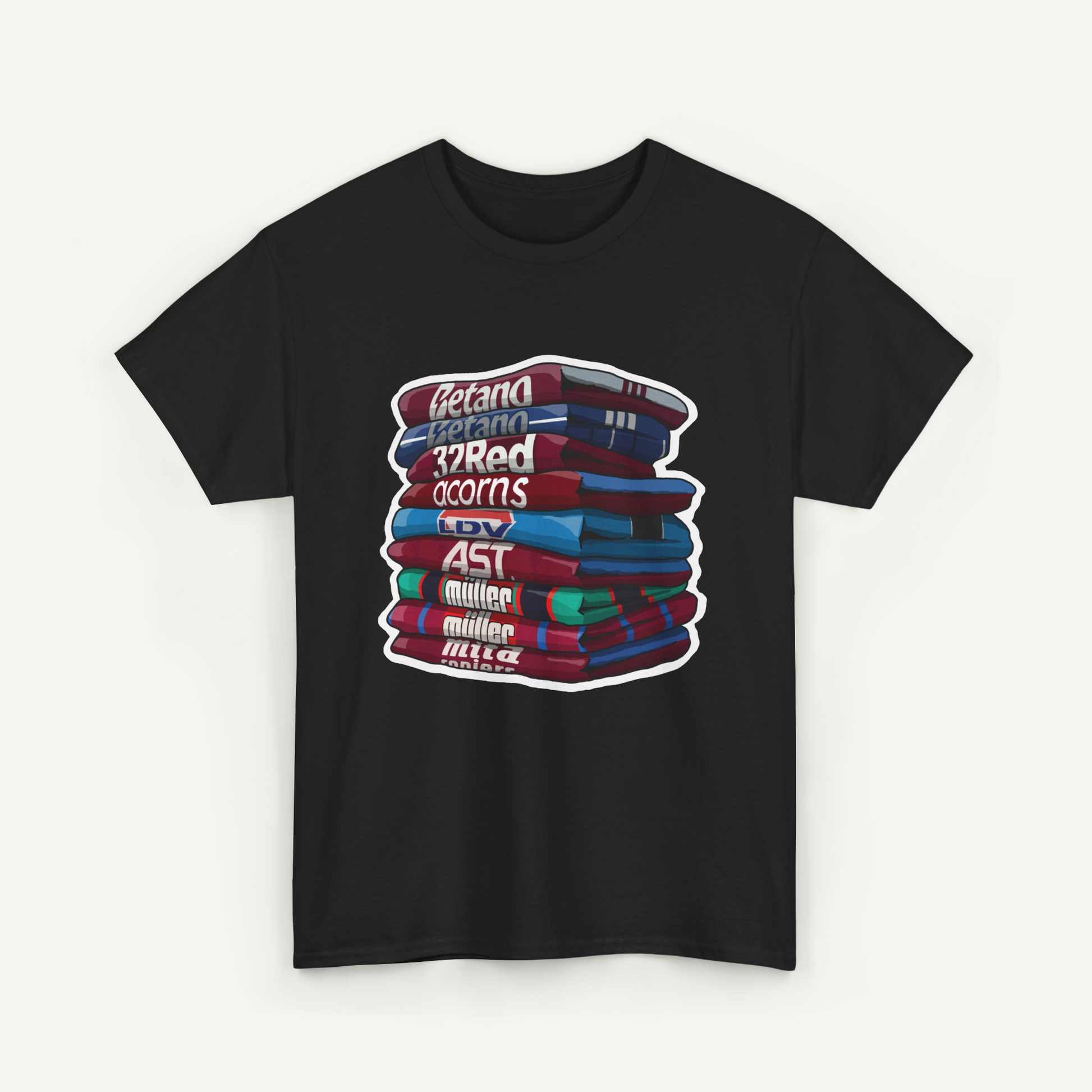 A black t-shirt with a graphic design depicting a stack of colorful books.