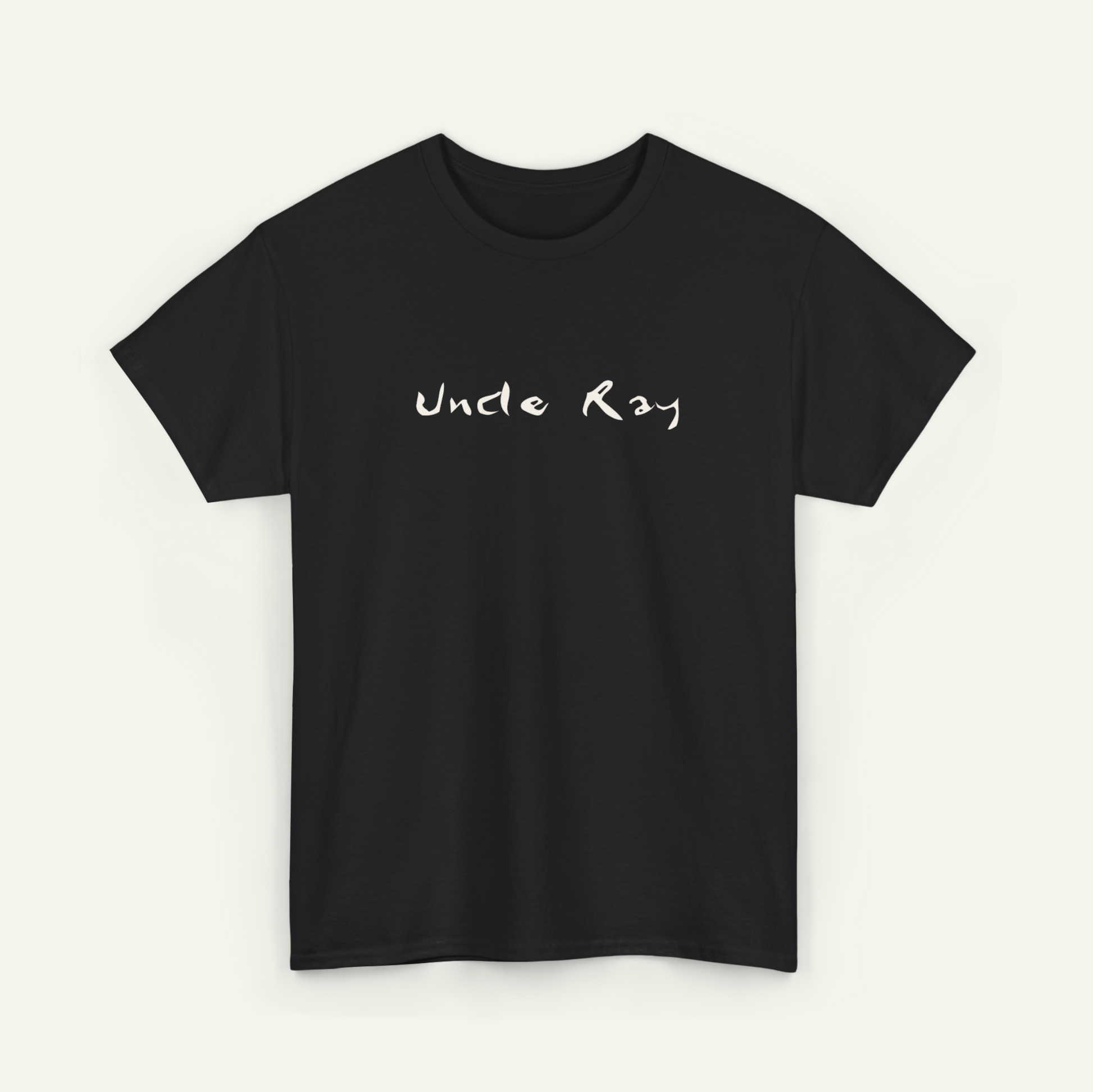 A black t-shirt with the text "Uncle Ray" printed on it in white.