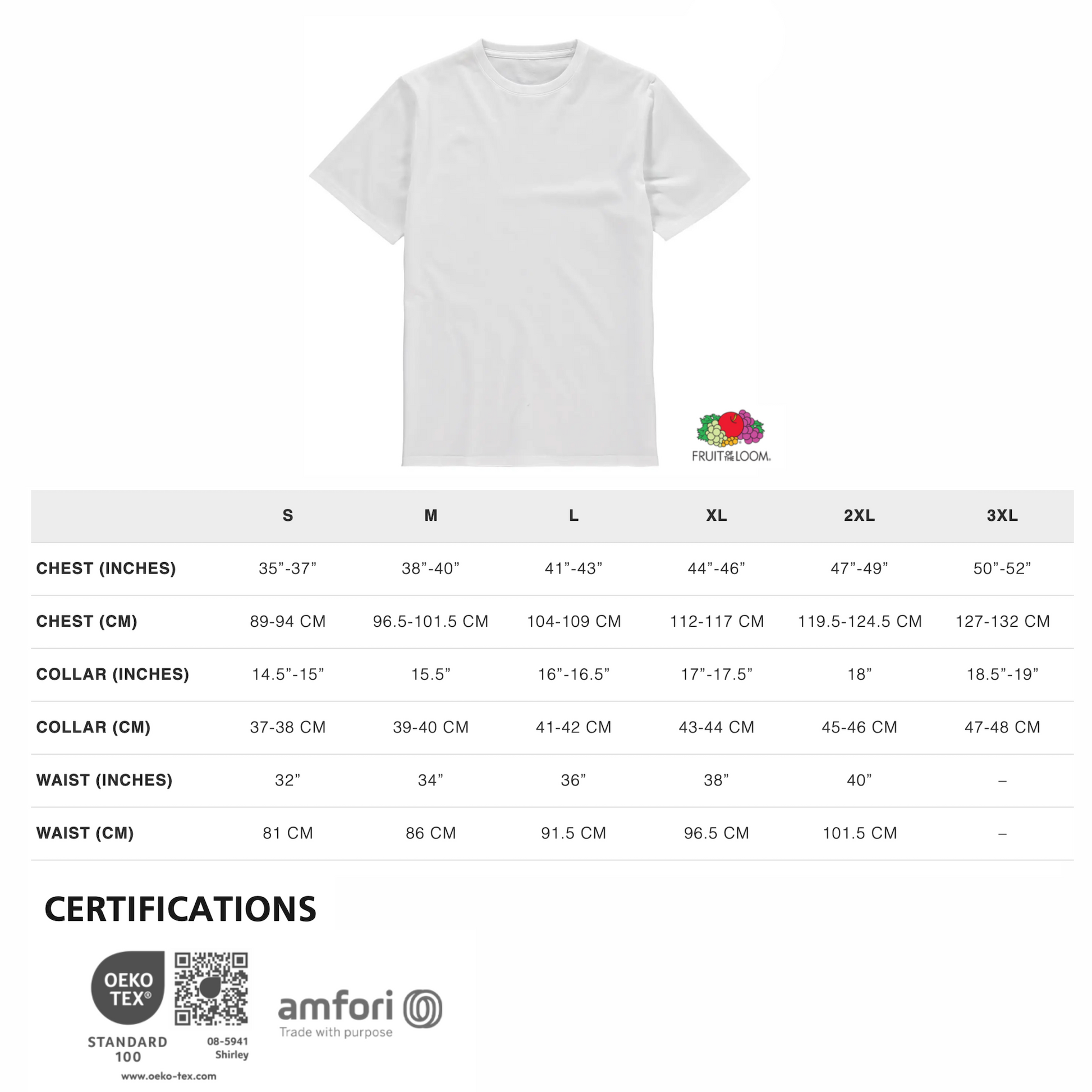 a white t-shirt with size and collar information printed on it.