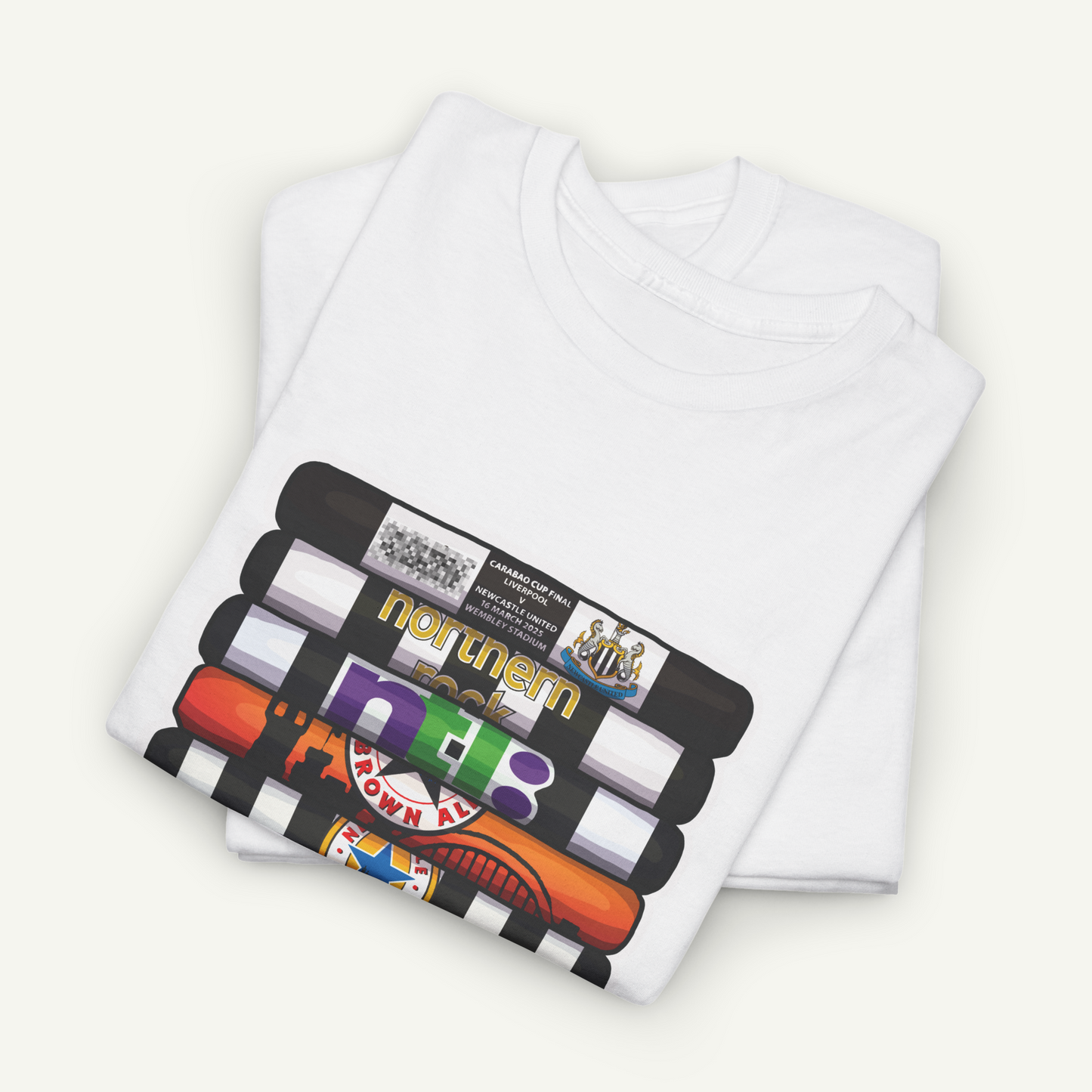 a white t-shirt with a colorful graphic design on the front, including various logos and text.