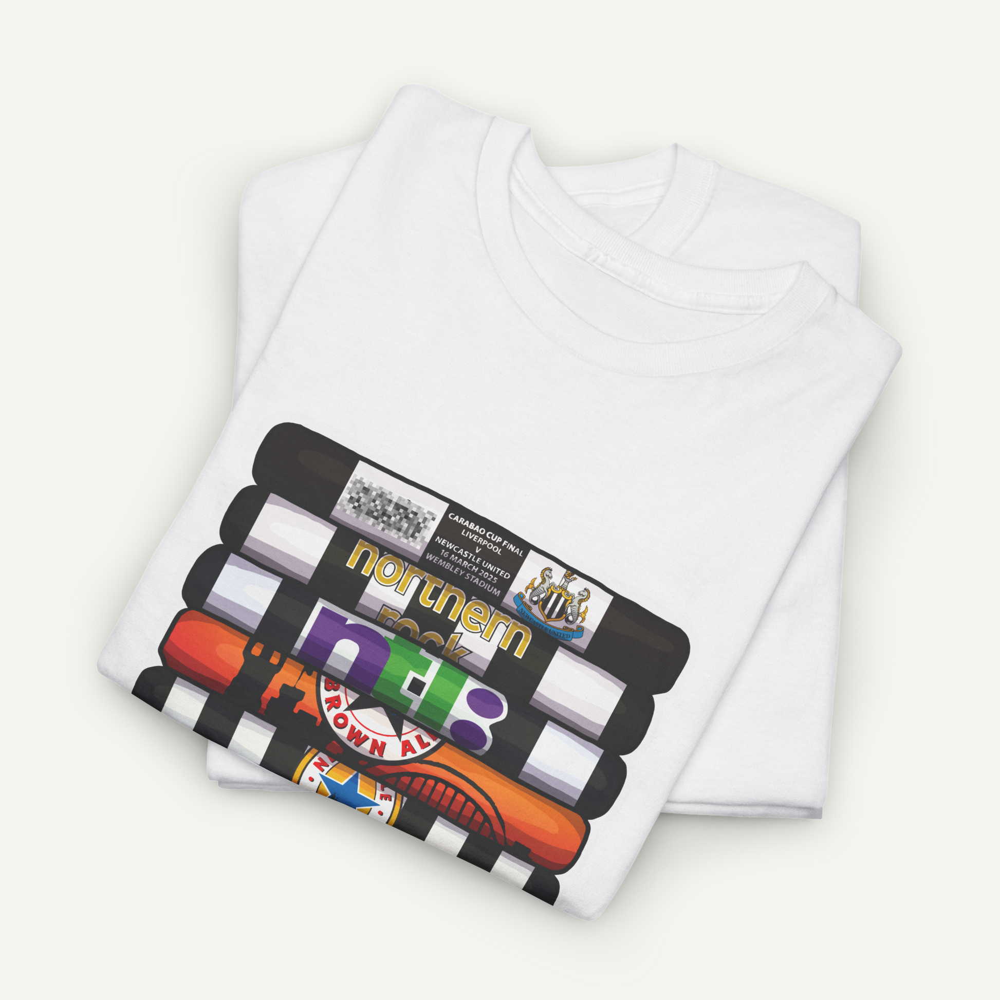 a white t-shirt with a colorful graphic design on the front, including various logos and text.