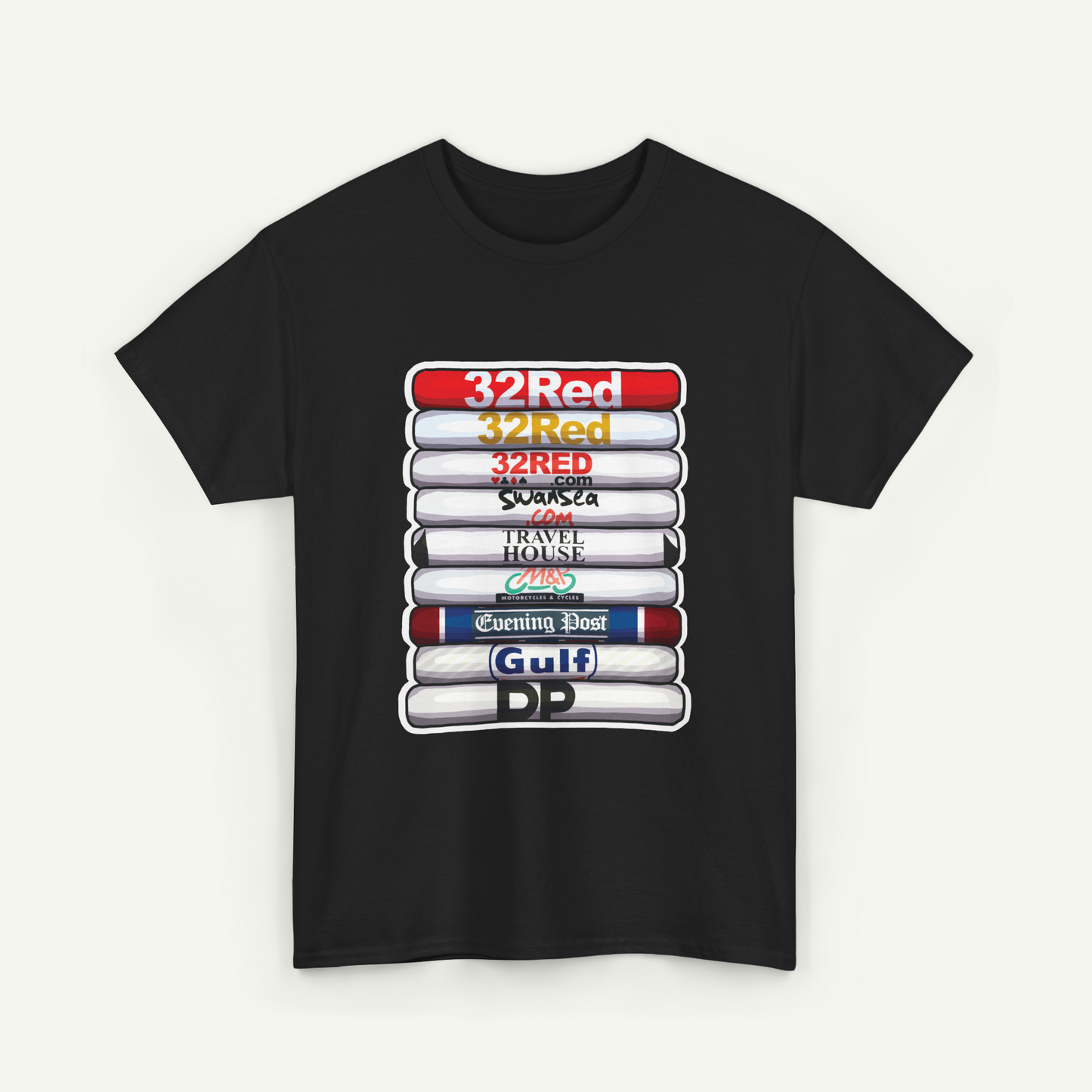A black t-shirt with a graphic design featuring a stack of colored bars, each representing a different news organization or media outlet.