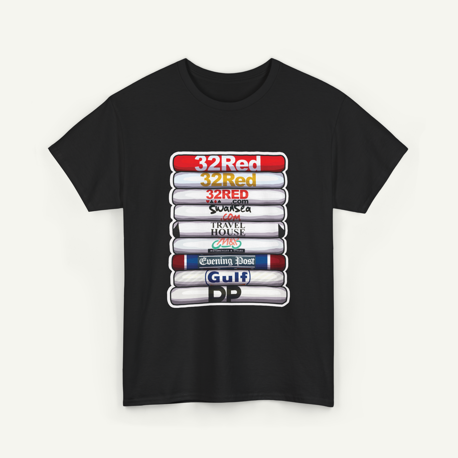 A black t-shirt with a graphic design featuring a stack of colored bars, each representing a different news organization or media outlet.