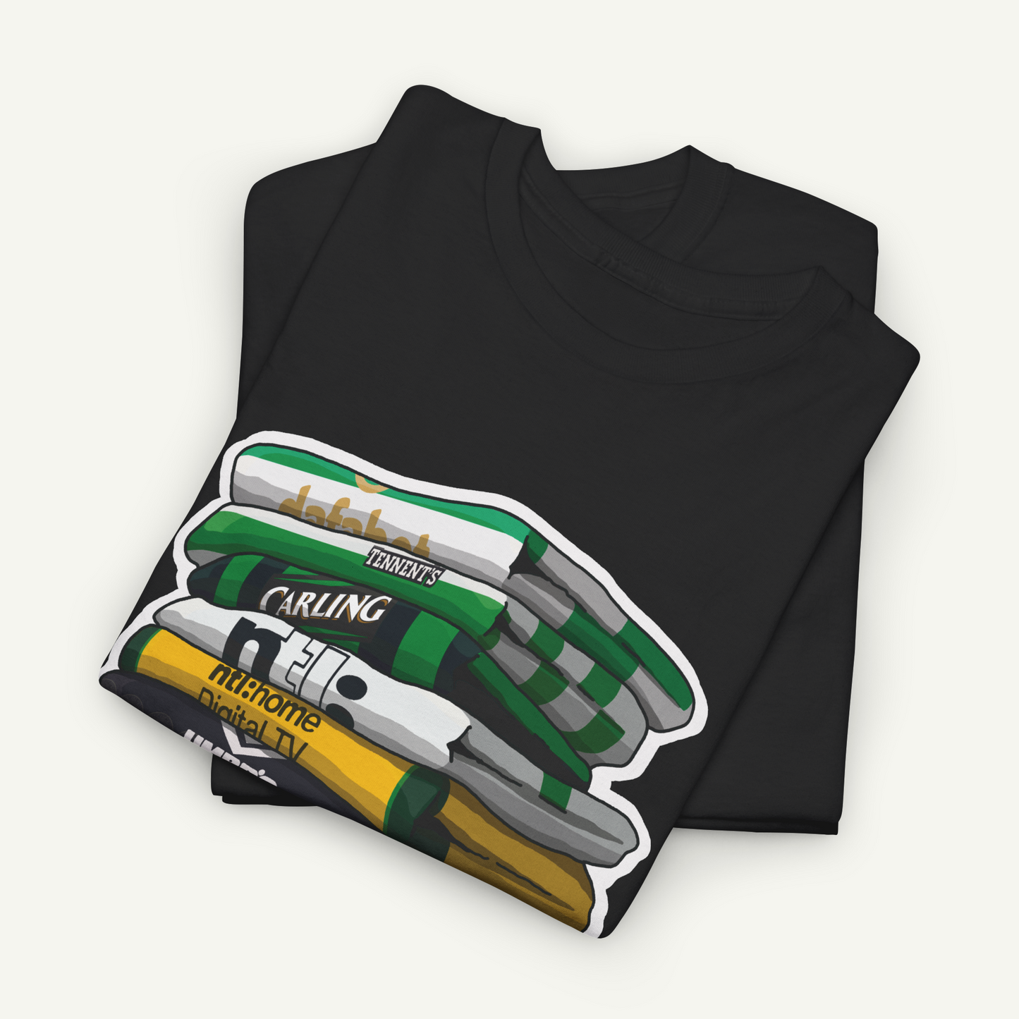 A black t-shirt with a graphic design depicting a stack of books.