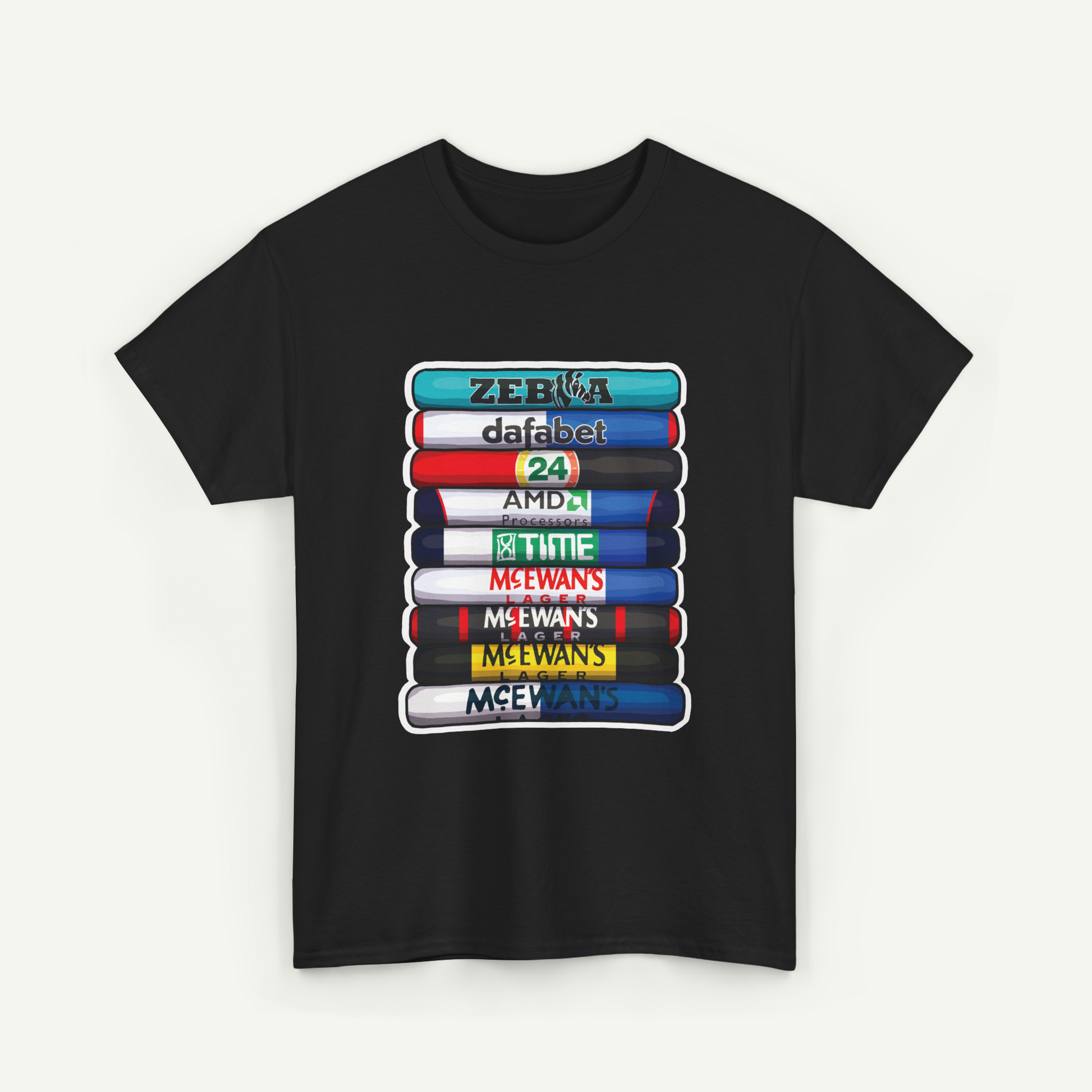 A black t-shirt with a graphic design depicting a stack of colorful books or magazines with various titles and logos printed on them.