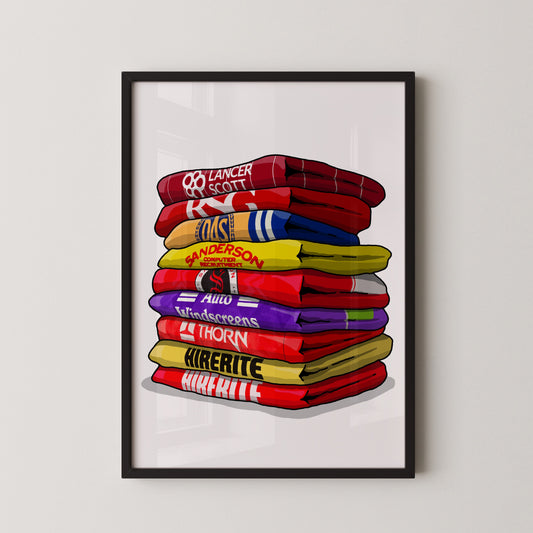 A framed illustration of a stack of colorful towels with various text and logos printed on them.