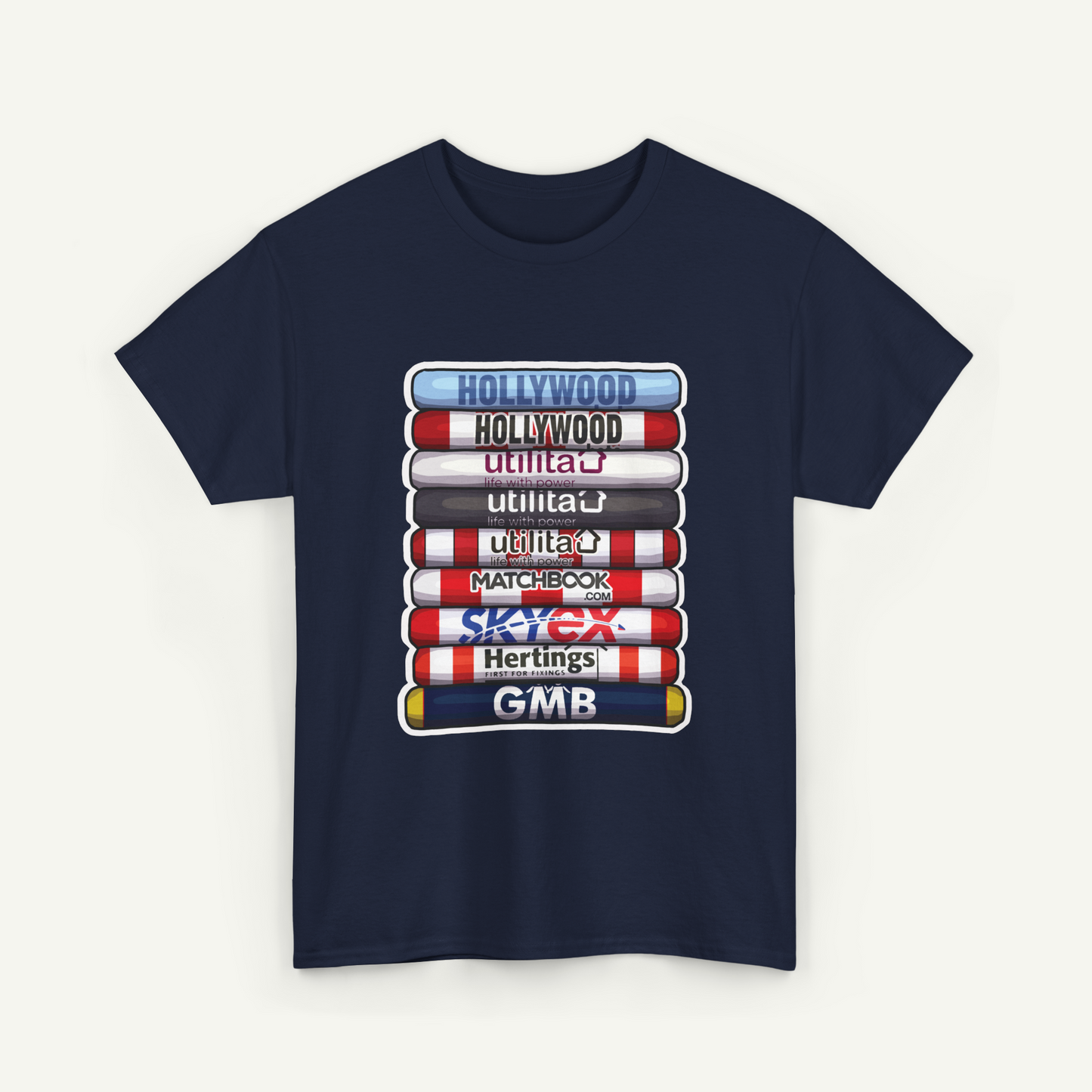 A navy blue t-shirt with a graphic design depicting a stack of colorful tubes or tubes with text on them, representing various cities or brands.