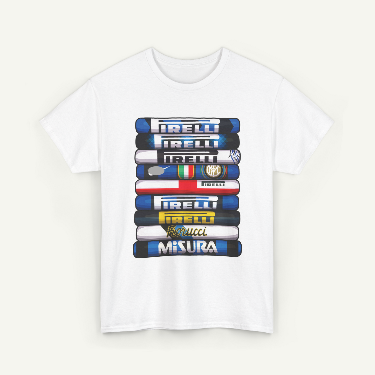 A white t-shirt with a graphic design featuring a stack of various car logos, including those of Pirelli, Firecracker, and Misura.