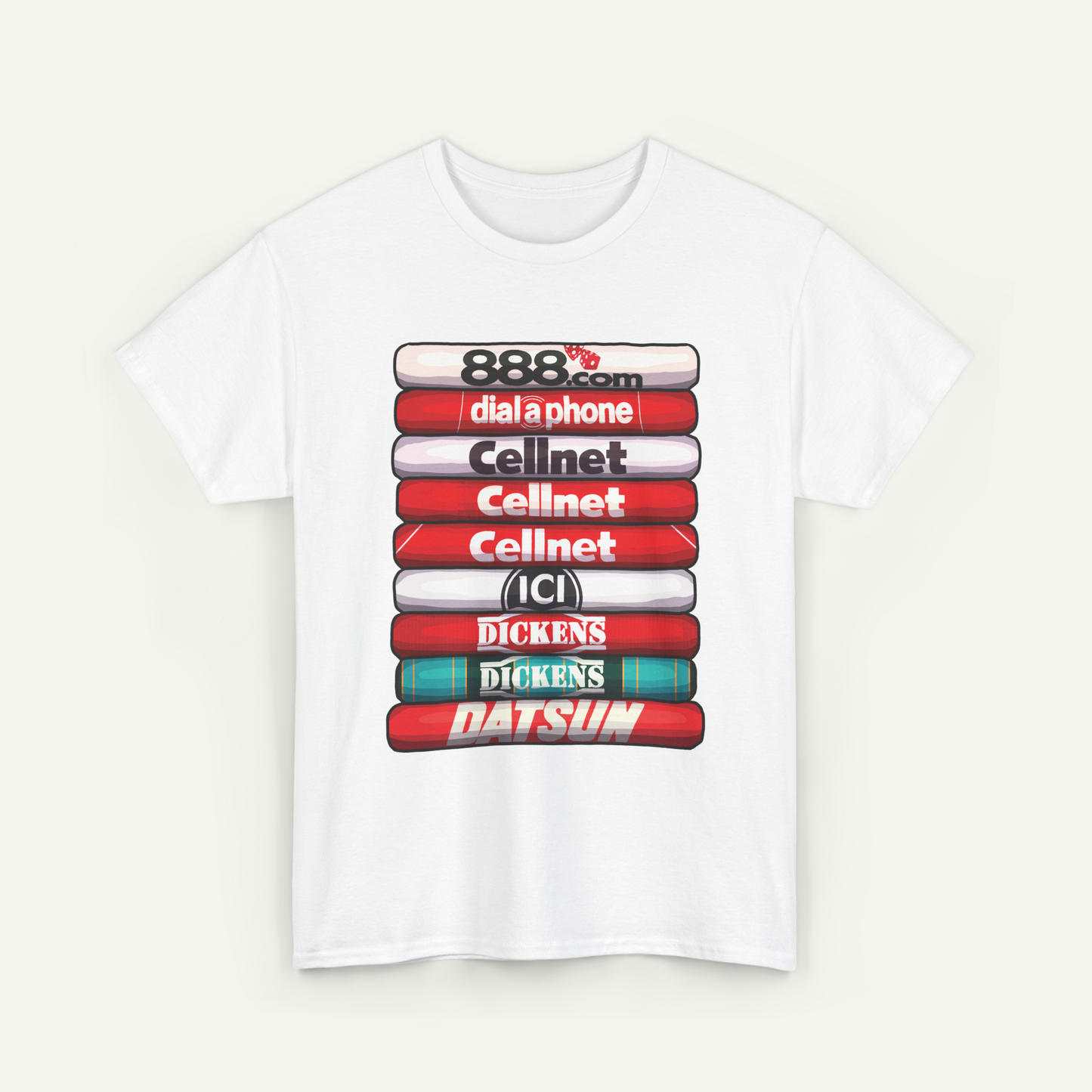 A white t-shirt with a graphic design featuring a stack of various colored bars, each representing a different company or brand.