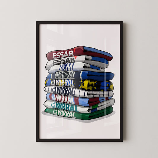 A framed illustration of a stack of colorful towels with various text and logos on them.