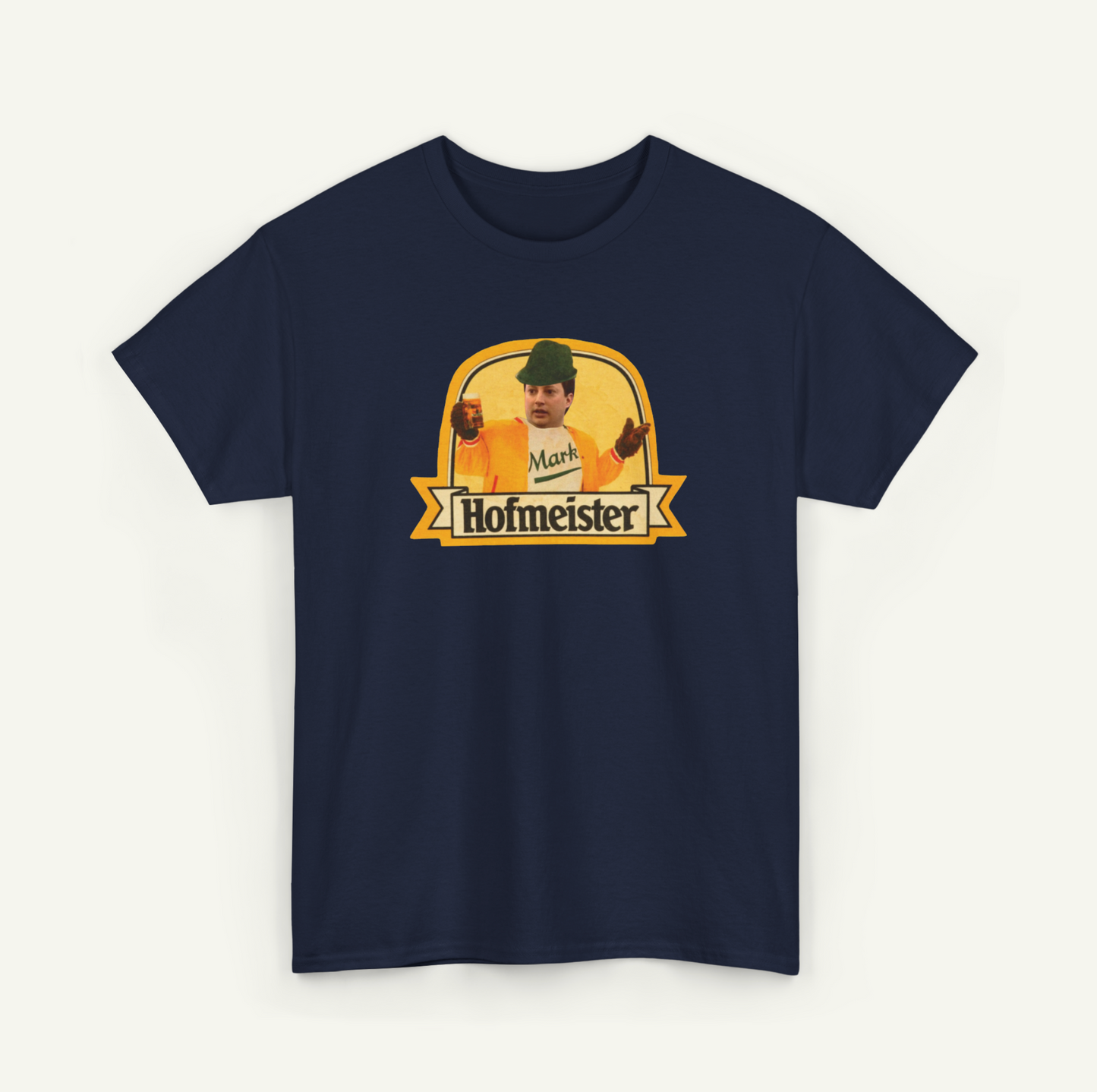 A navy blue t-shirt with a graphic design featuring a man wearing a yellow hat and holding a beer bottle.