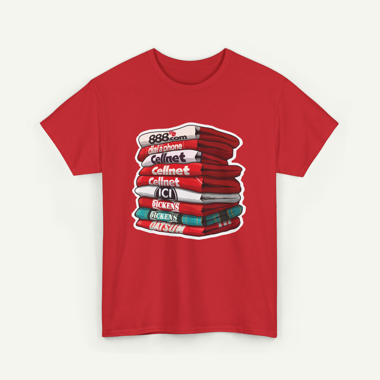 A red t-shirt with a graphic design depicting a stack of books or magazines with various titles and text.