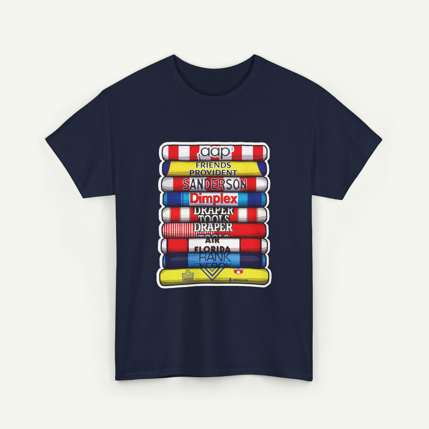 A navy blue t-shirt with a graphic design depicting a stack of colorful books or magazines with various text titles on the spines.