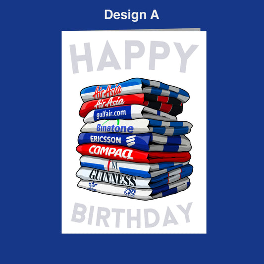 A stack of colorful towels with various logos, including "Air Asia", "gulfair.com", "Binatone", "ERICSSON", "COMPAQ", "GUINNESS", and "adidas". The text "Design A" is displayed above the stack of towels, and "BIRTHDAY" is written below.