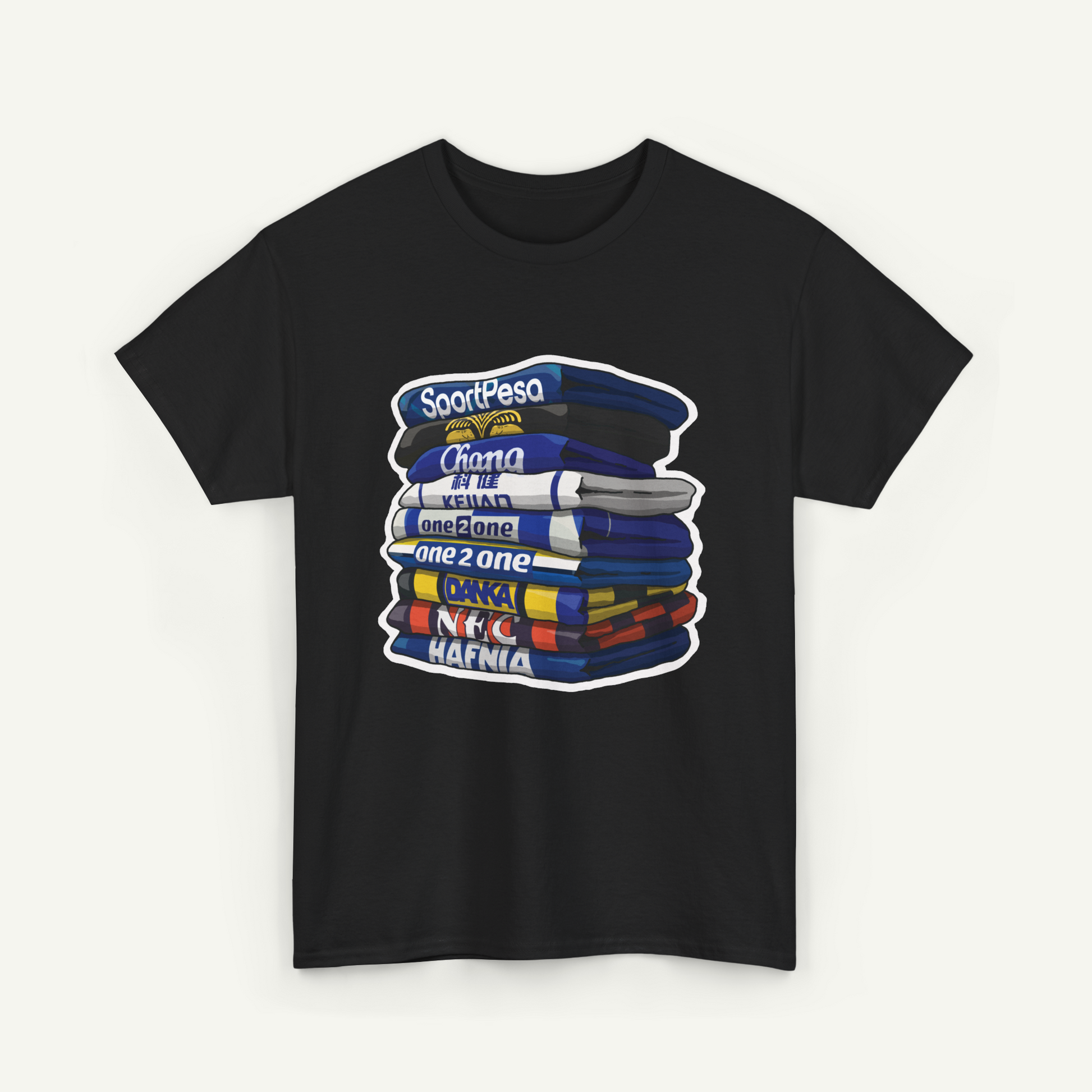 A black t-shirt with a graphic design depicting a stack of colorful books or magazines with the text "SportPesa Chama One One One One One One One One One One One One One One One One One One One One One One One One One One One One One One One One One One One One One One One A One One A T-shirt design.