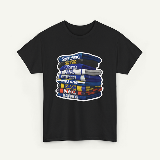 A black t-shirt with a graphic design depicting a stack of colorful books or magazines with the text "SportPesa Chama One One One One One One One One One One One One One One One One One One One One One One One One One One One One One One One One One One One One One One One A One One A T-shirt design.