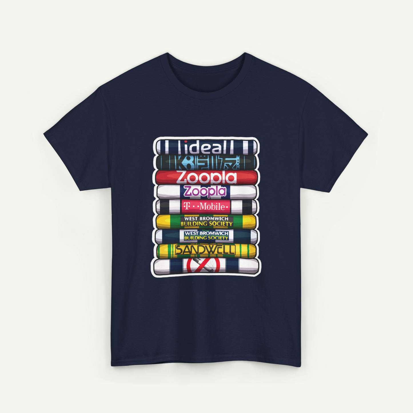 A navy blue t-shirt with a graphic design depicting a stack of colorful tubes or bottles, each representing a different social media platform or brand.