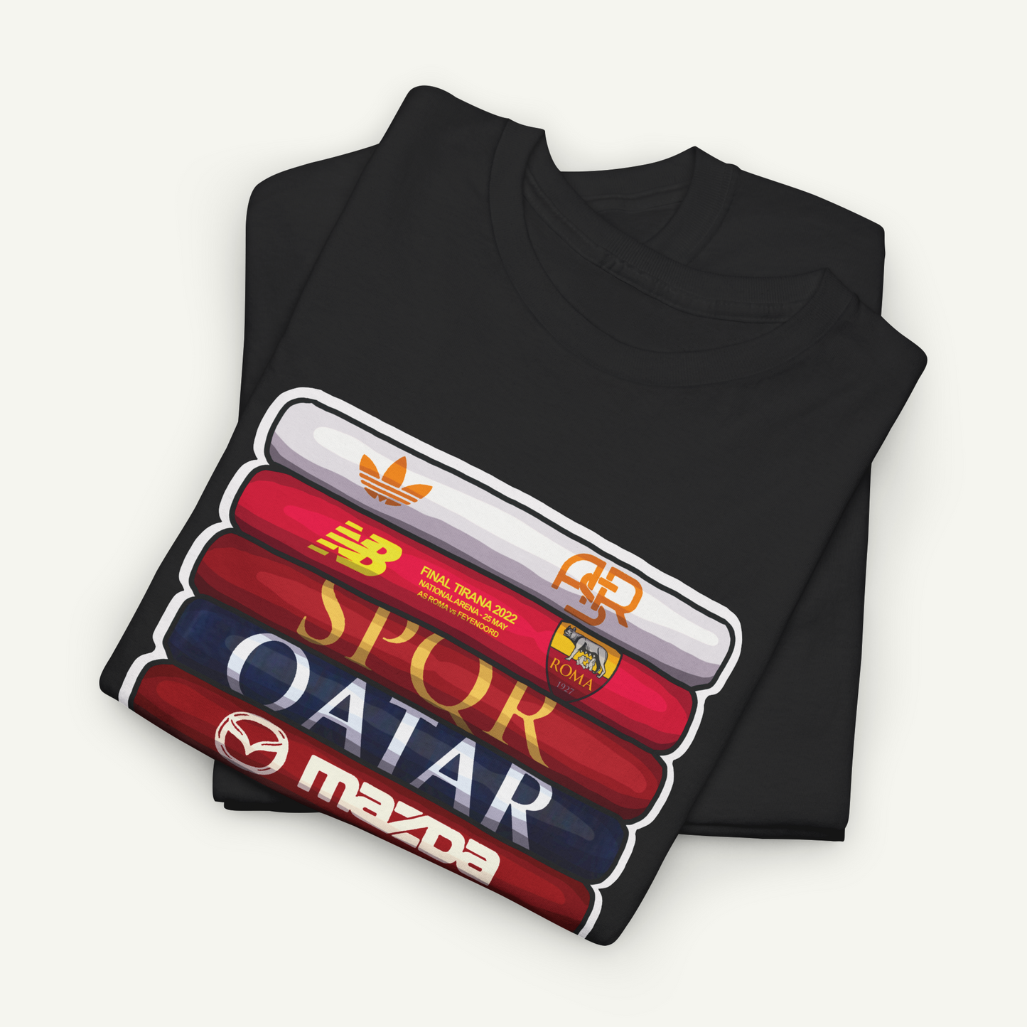 A black t-shirt with a graphic design featuring the logos of various sponsors, including Adidas, B&B, SPORQ, QATAR, and Mazda.