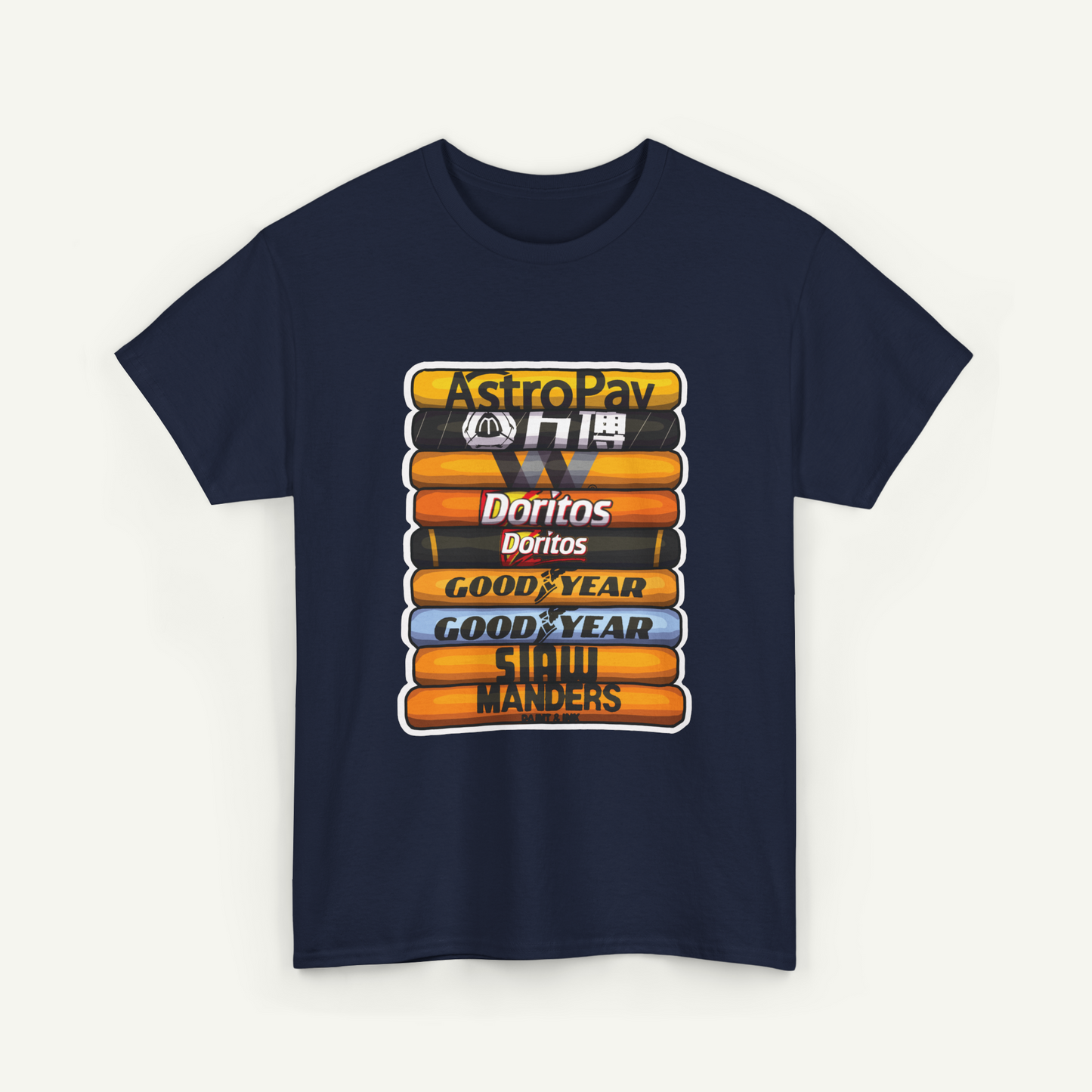 A navy blue t-shirt with a graphic design featuring a stack of seven different snack products, including Doritos, Goodyear, and Sidewalkers.