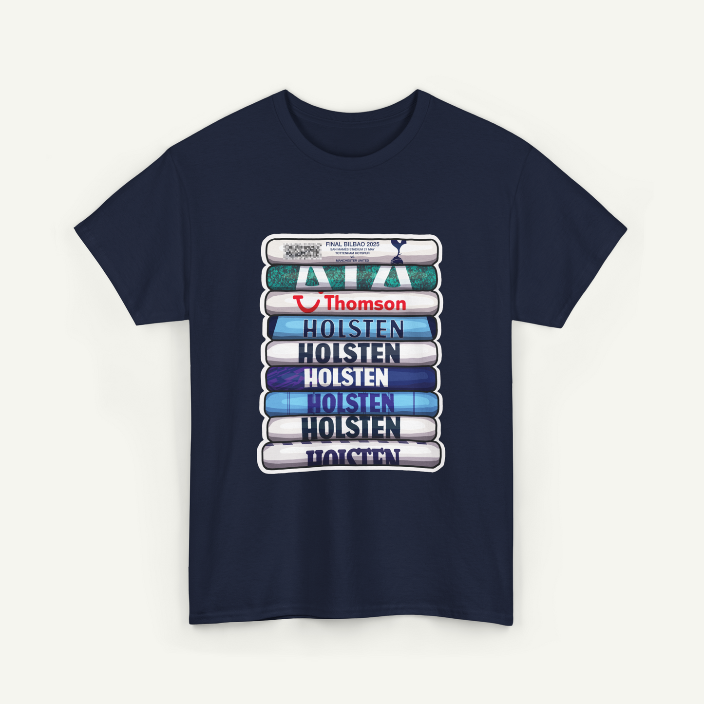 A navy blue t-shirt with a graphic design featuring a stack of colored books or book-like objects, with the text "Holsten Holsten Holsten Holsten" printed on them.