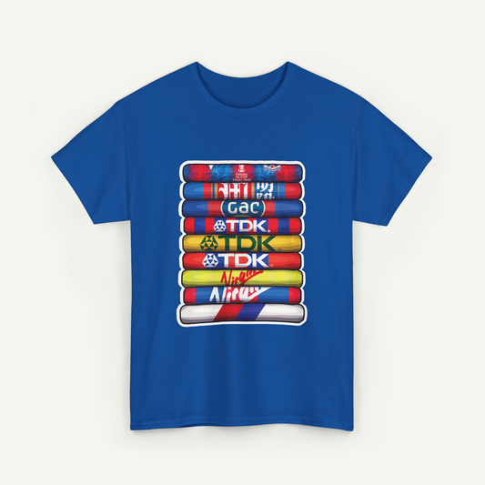 A blue t-shirt with a graphic design featuring a stack of colorful tubes with various logos on them.