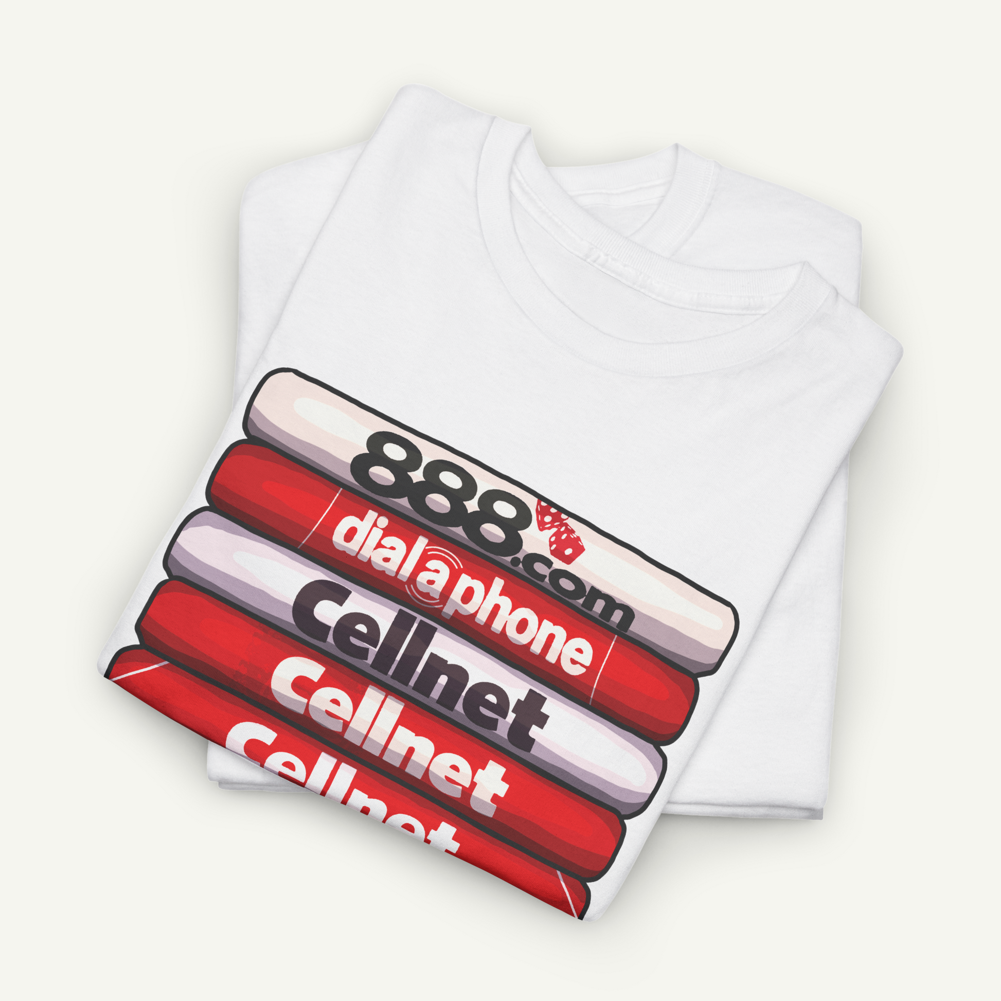 A white t-shirt with a graphic design featuring a stack of red and white tubes with the text "881 diala.com Cellnet Cellnet" printed on them.