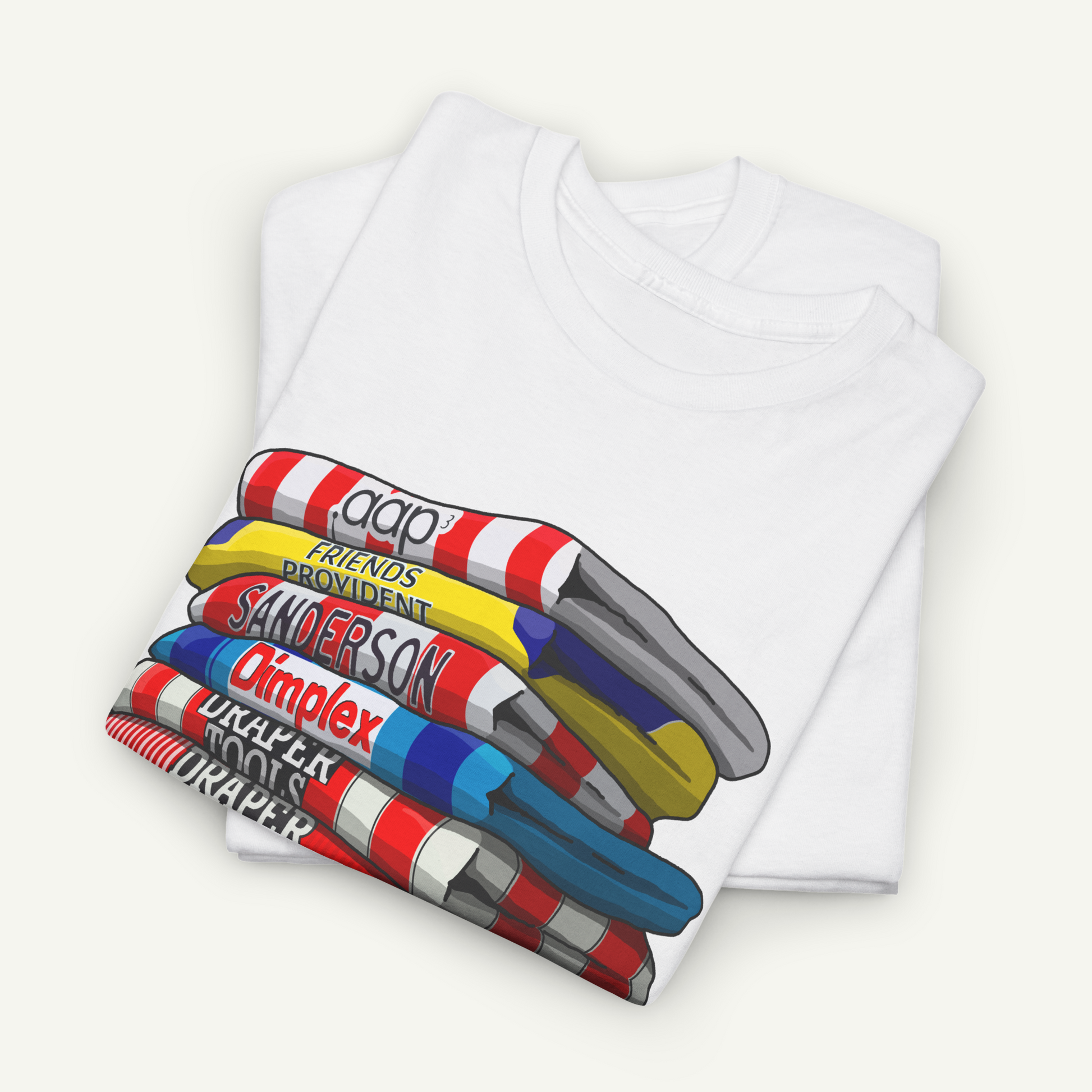 A white t-shirt with a colorful graphic design depicting a stack of various objects, including a yellow and red striped object, a blue and red striped object, and a red and white striped object.