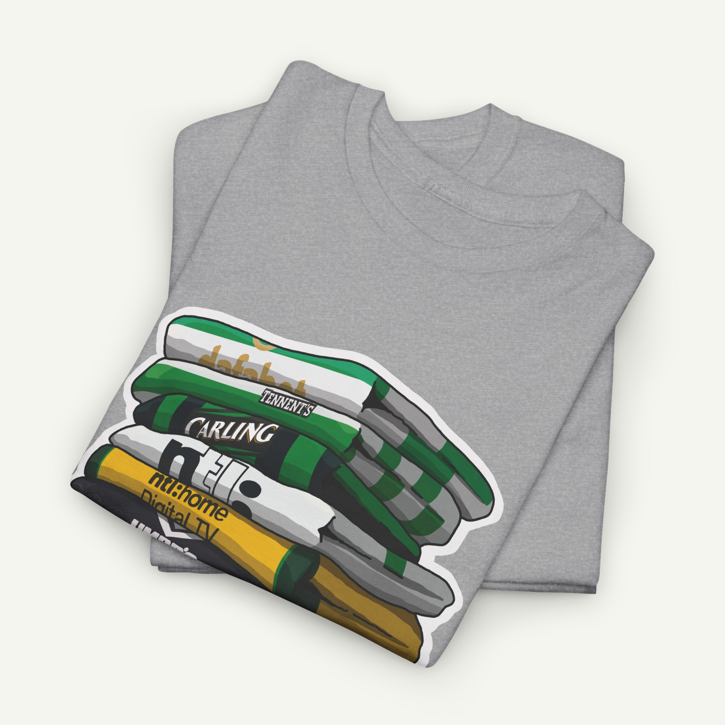 A gray t-shirt with a graphic design depicting a stack of books.