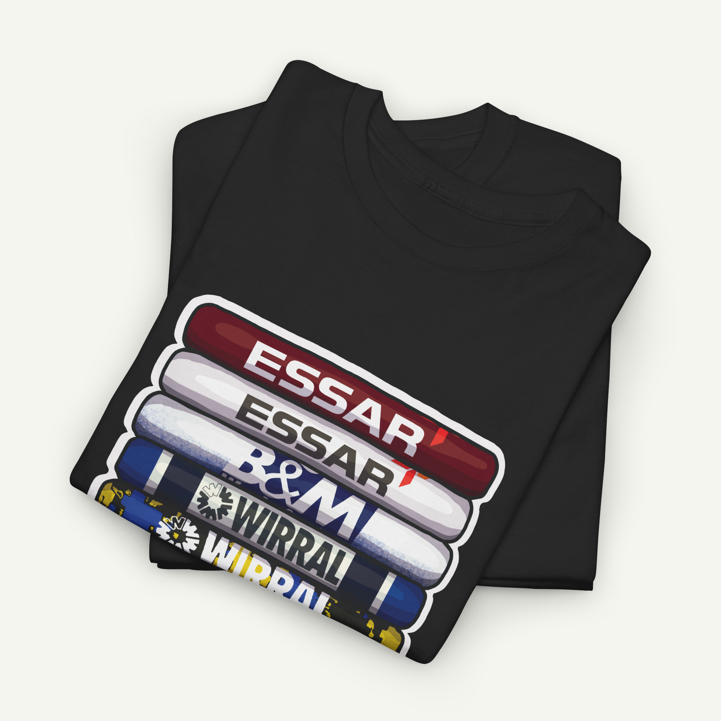 A black t-shirt with a graphic design featuring a stack of colorful tubes or cylinders with the text "ESSAR" written on them.