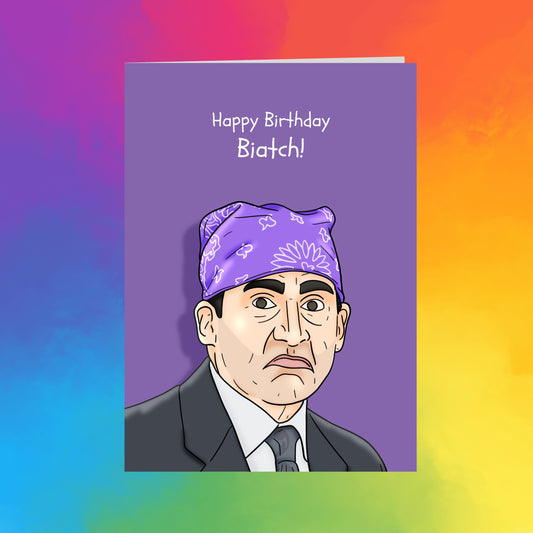 The image is a cartoon of a man wearing a bandana and a suit, with the text "Happy Birthday Biatch!" written above him.